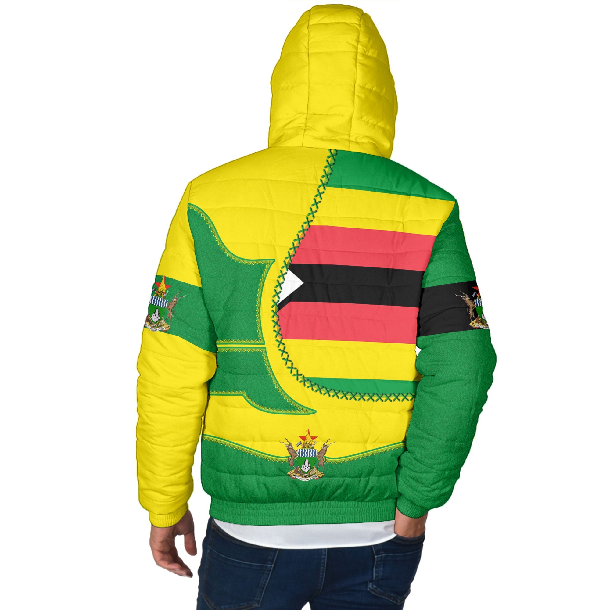 Zimbabwe Men Hooded Padded Jacket Flag & Coat Of Arms Leather Style