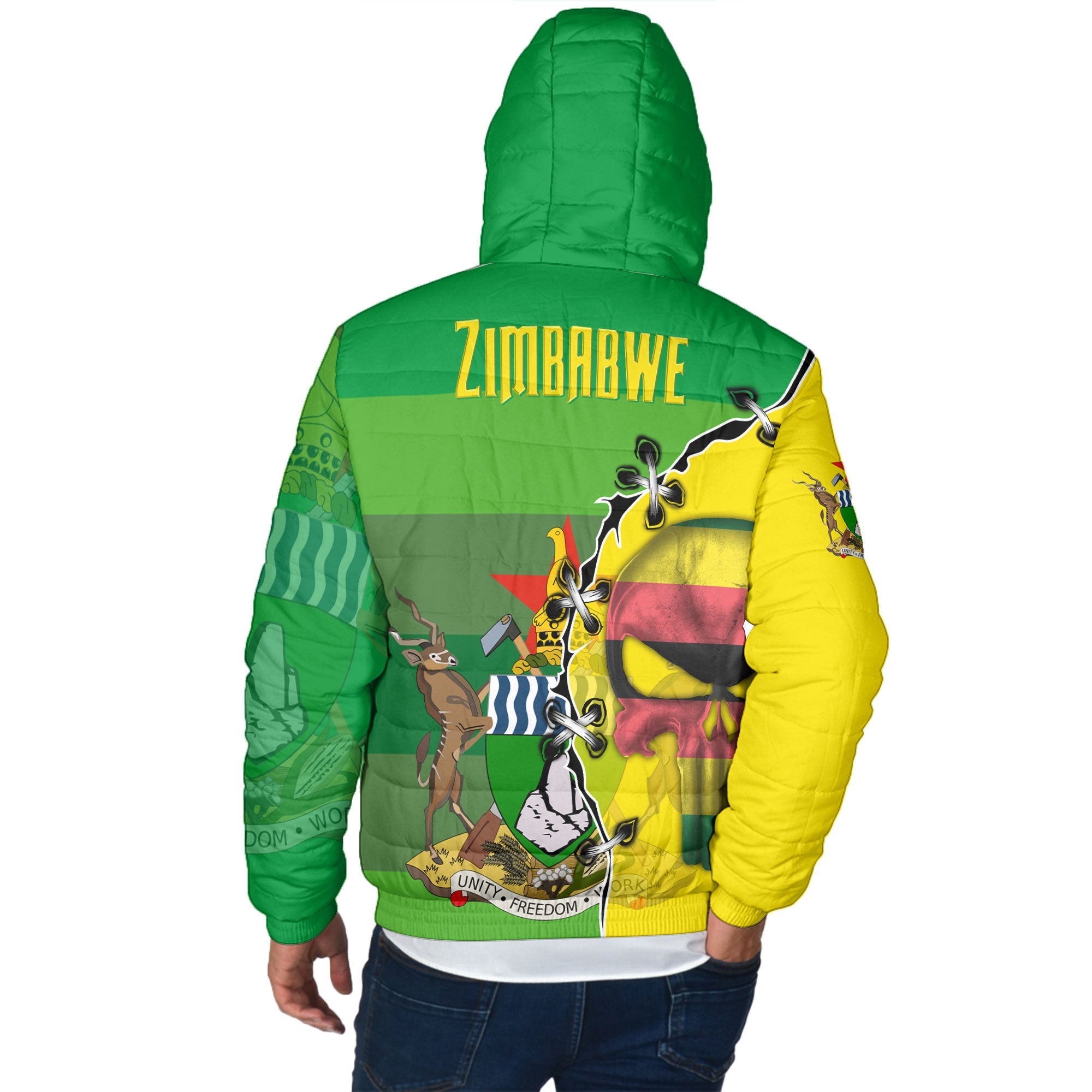 Zimbabwe Men Hooded Padded Jacket Flag & Coat Of Arms Skull Style