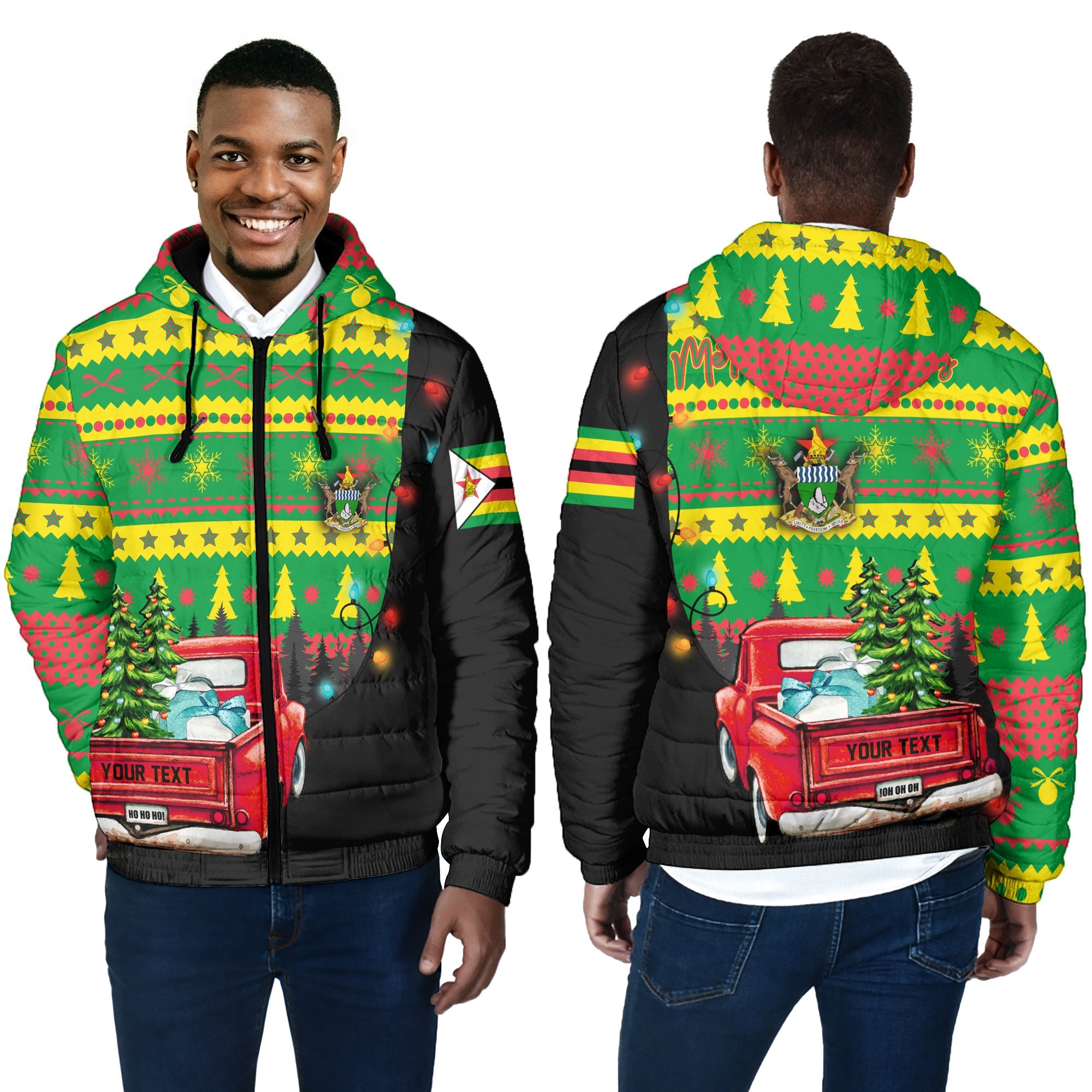 Zimbabwe Men Hooded Padded Jacket Coat Of Arms Christmas Style