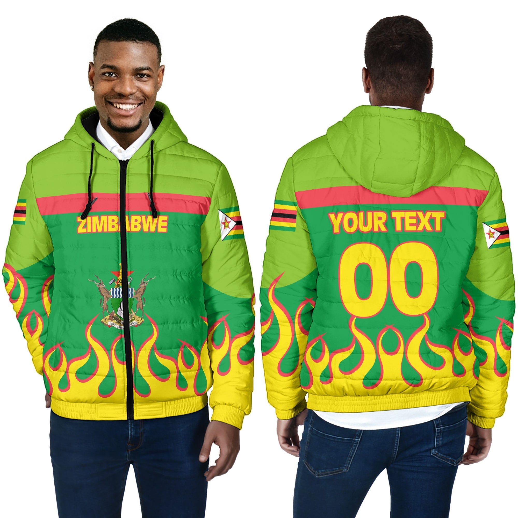 Zimbabwe Men Hooded Padded Jacket Flag & Coat Of Arms Fire Hockey Style