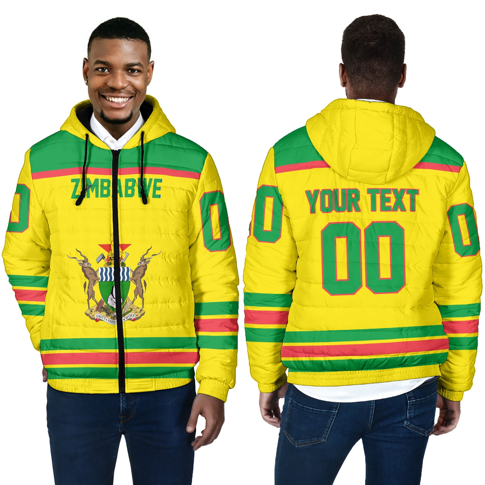 Zimbabwe Men Hooded Padded Jacket Flag & Coat Of Arms Hockey Style