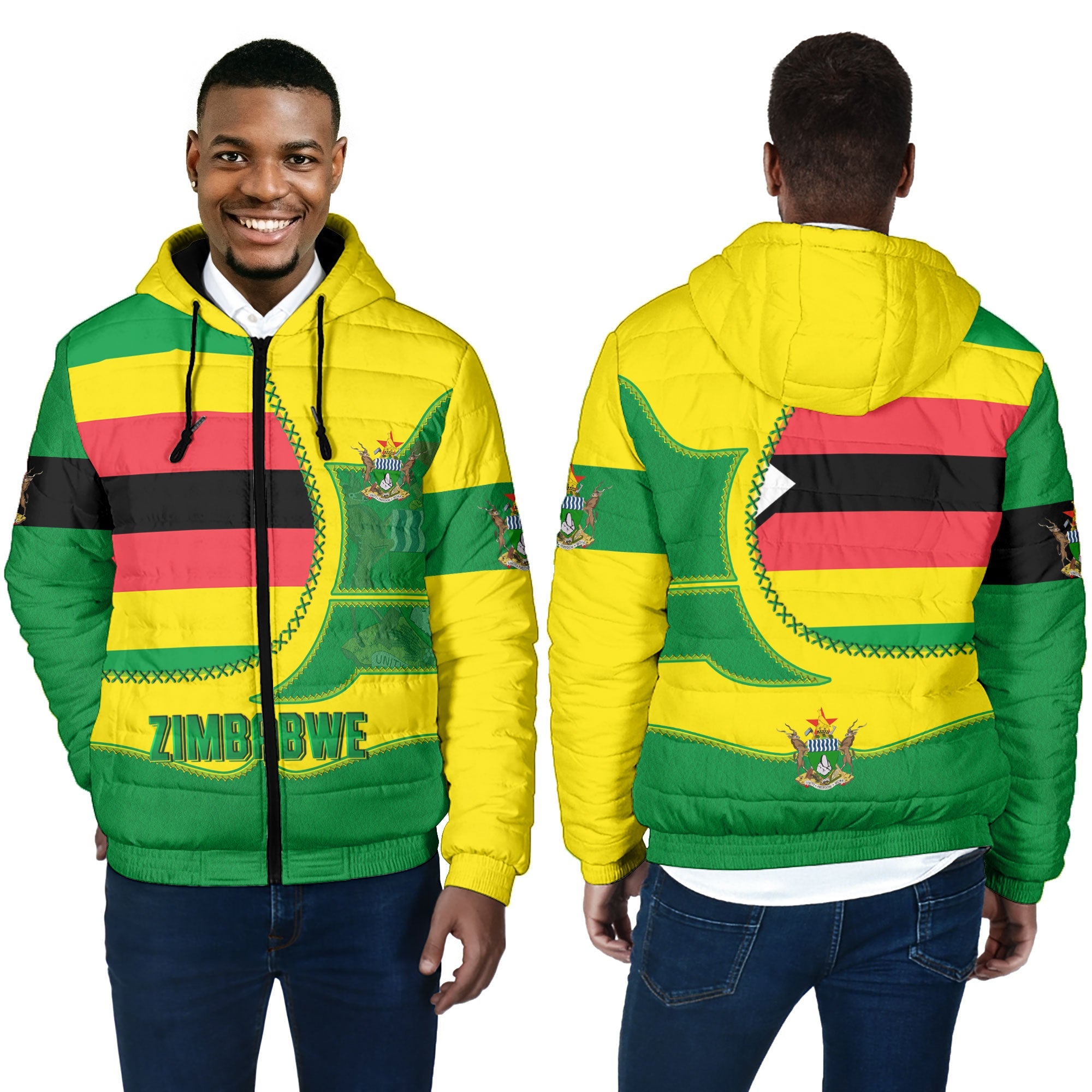 Zimbabwe Men Hooded Padded Jacket Flag & Coat Of Arms Leather Style