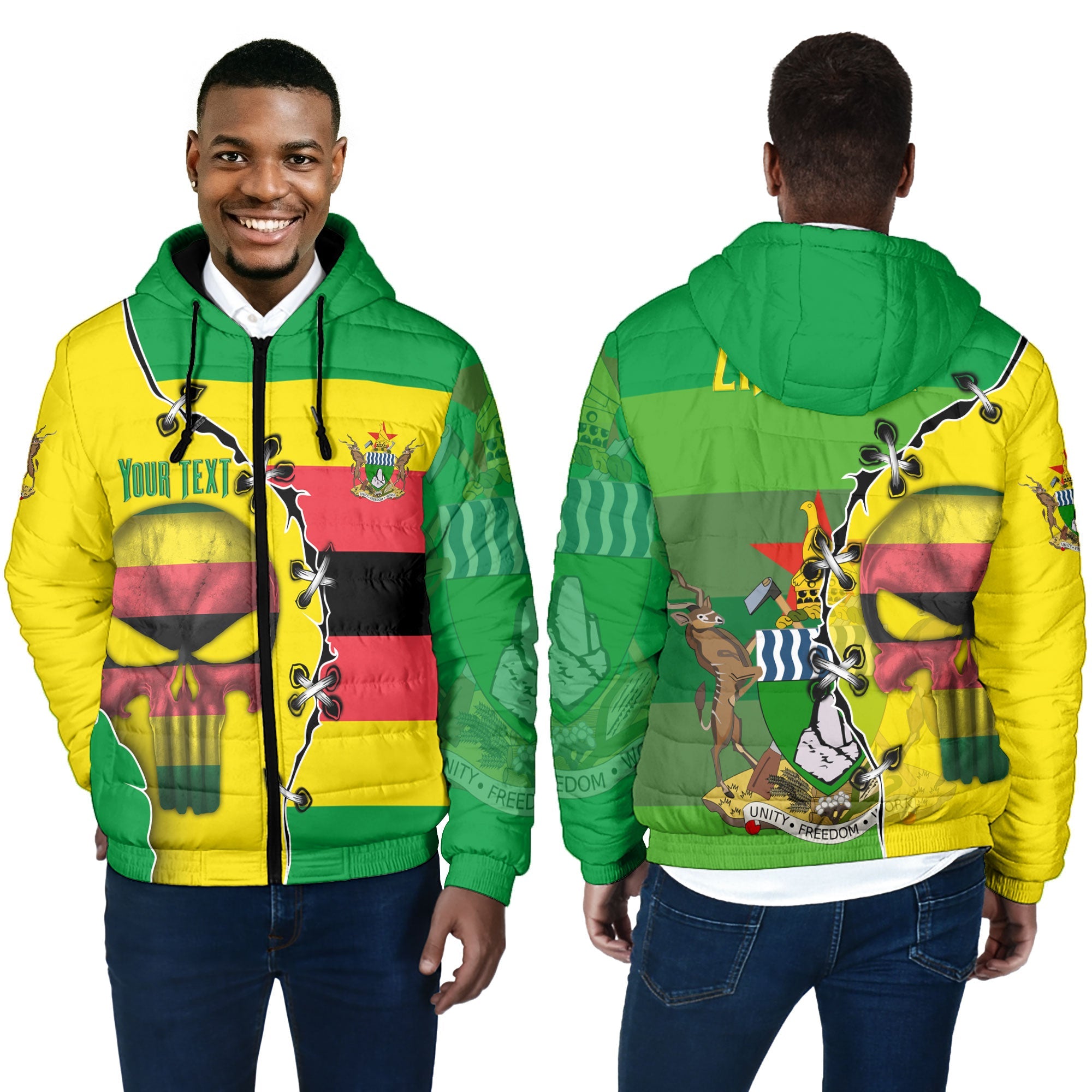 Zimbabwe Men Hooded Padded Jacket Flag & Coat Of Arms Skull Style