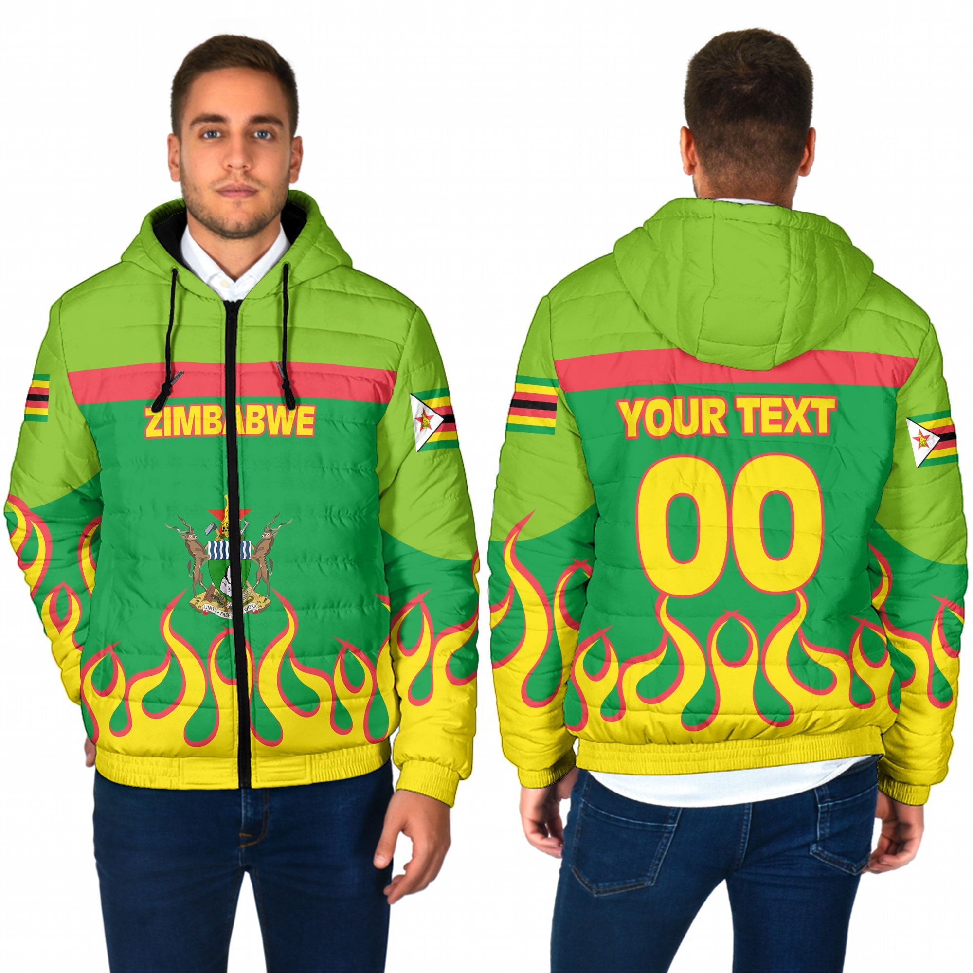 Zimbabwe Men Hooded Padded Jacket Flag & Coat Of Arms Fire Hockey Style