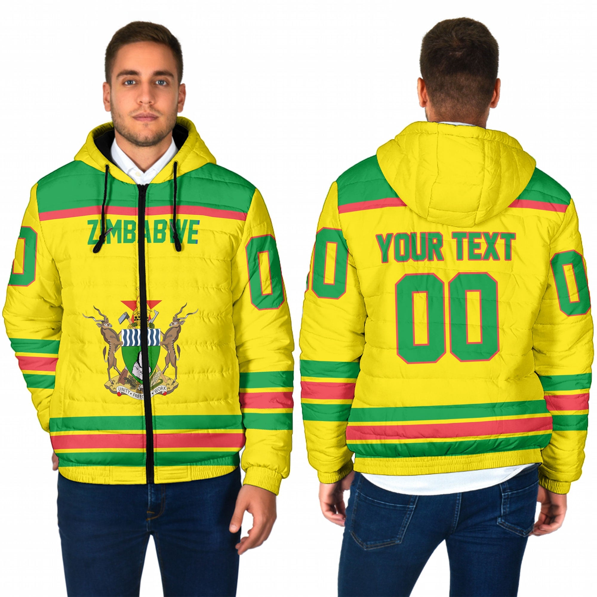 Zimbabwe Men Hooded Padded Jacket Flag & Coat Of Arms Hockey Style