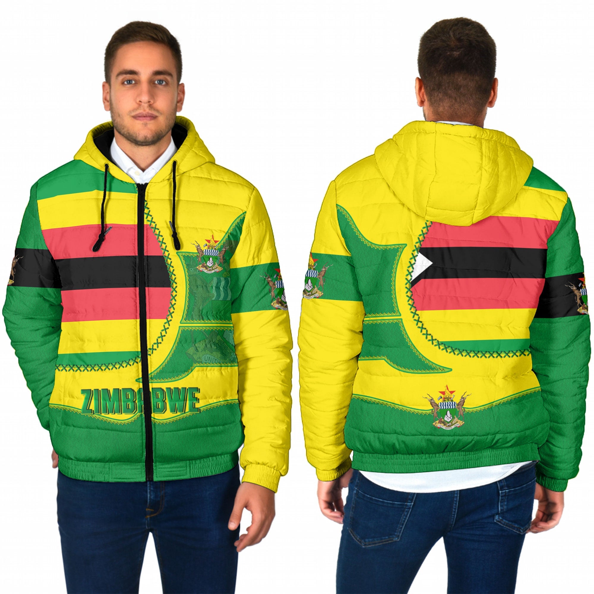 Zimbabwe Men Hooded Padded Jacket Flag & Coat Of Arms Leather Style