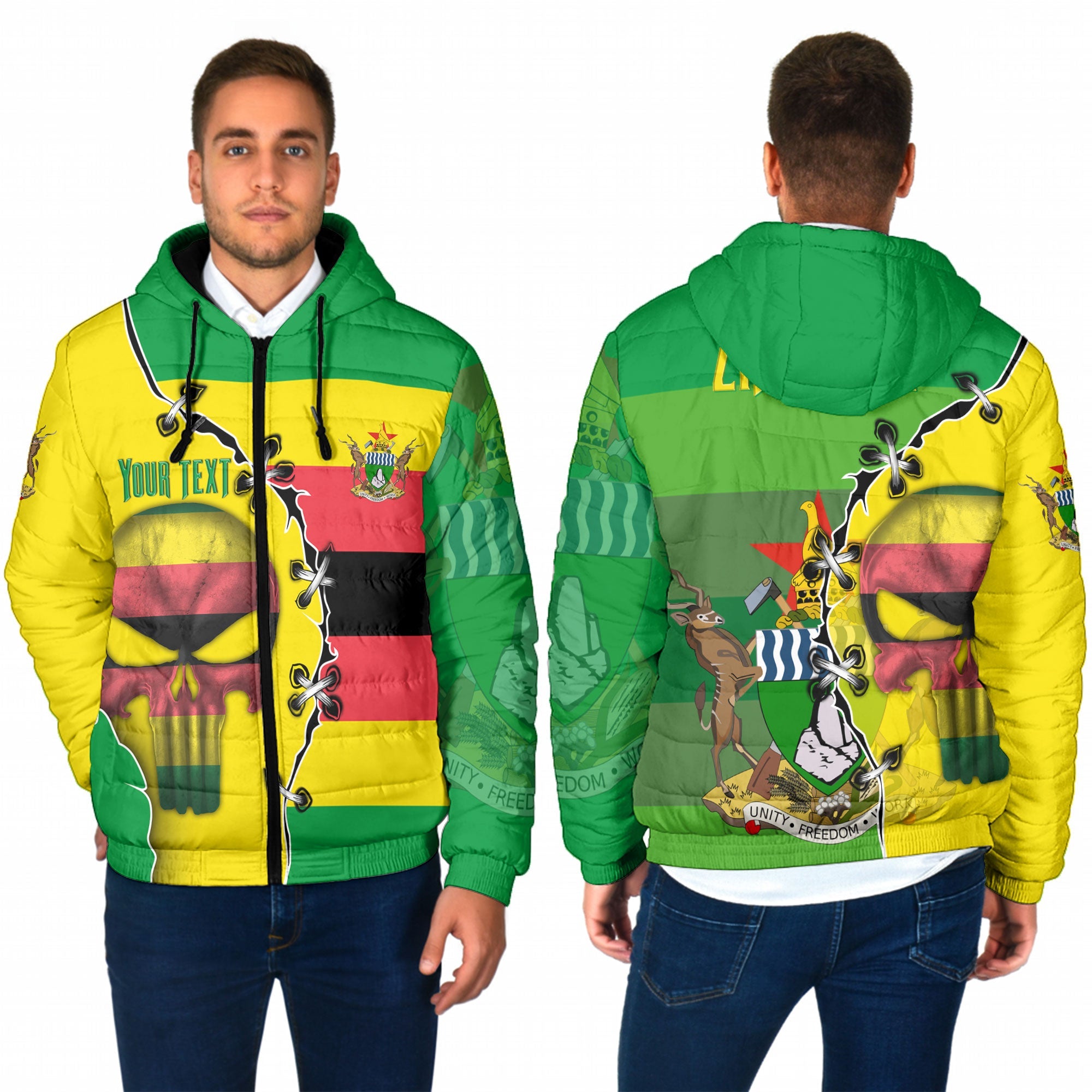 Zimbabwe Men Hooded Padded Jacket Flag & Coat Of Arms Skull Style