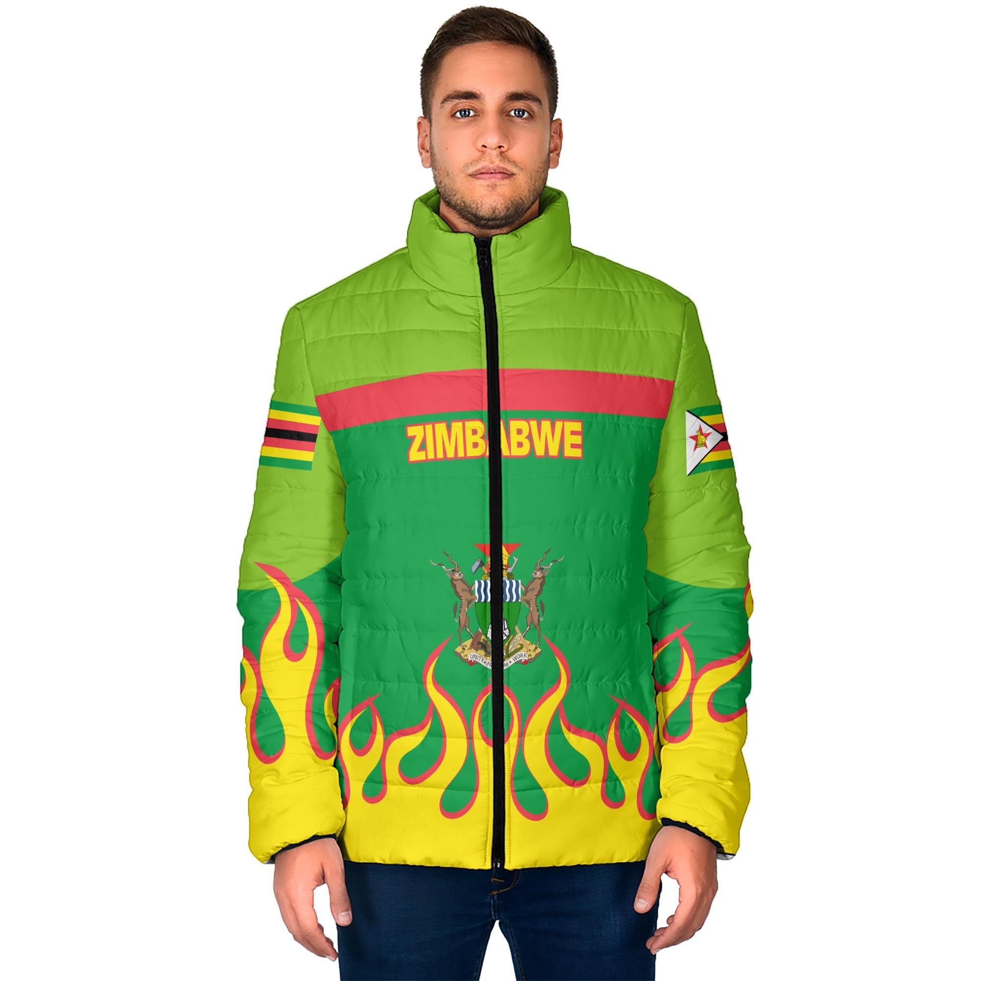 Zimbabwe Men Padded Jacket Flag & Coat Of Arms Fire Hockey Style