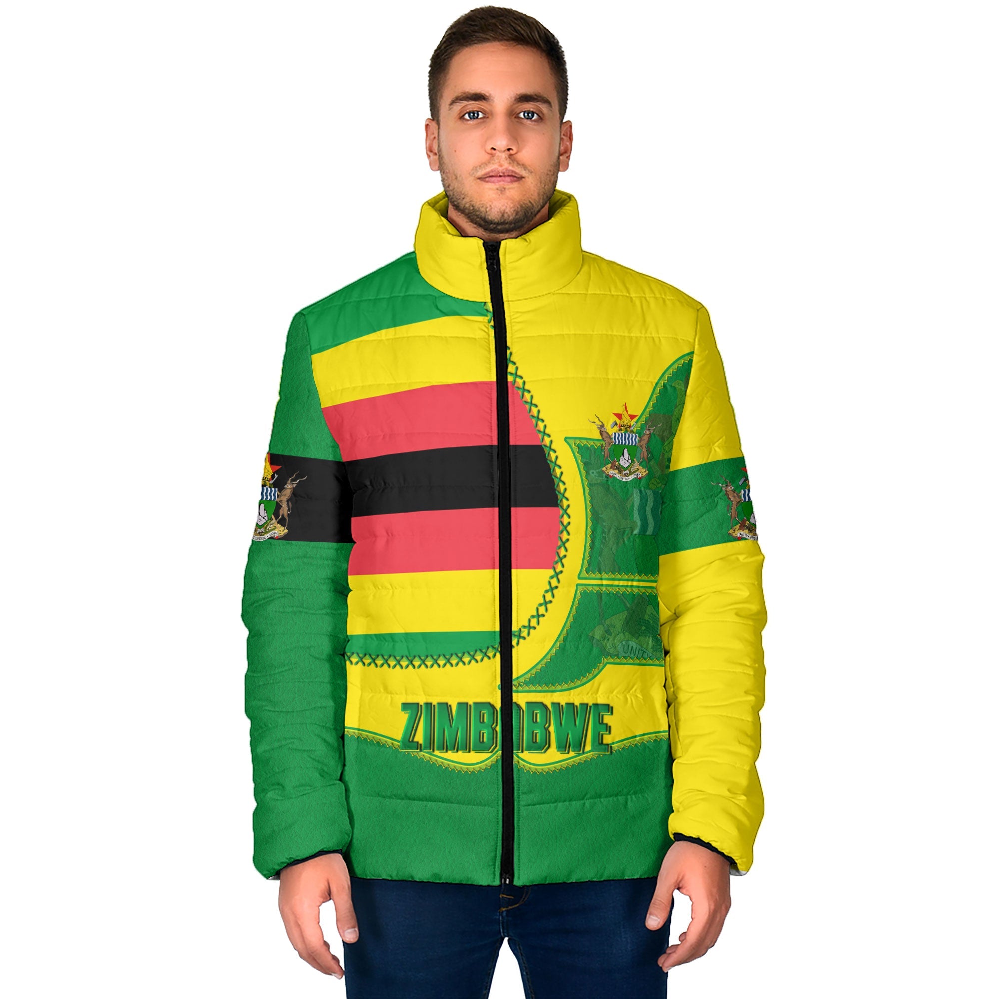 Zimbabwe Men Padded Jacket Flag & Coat Of Arms Leather Style