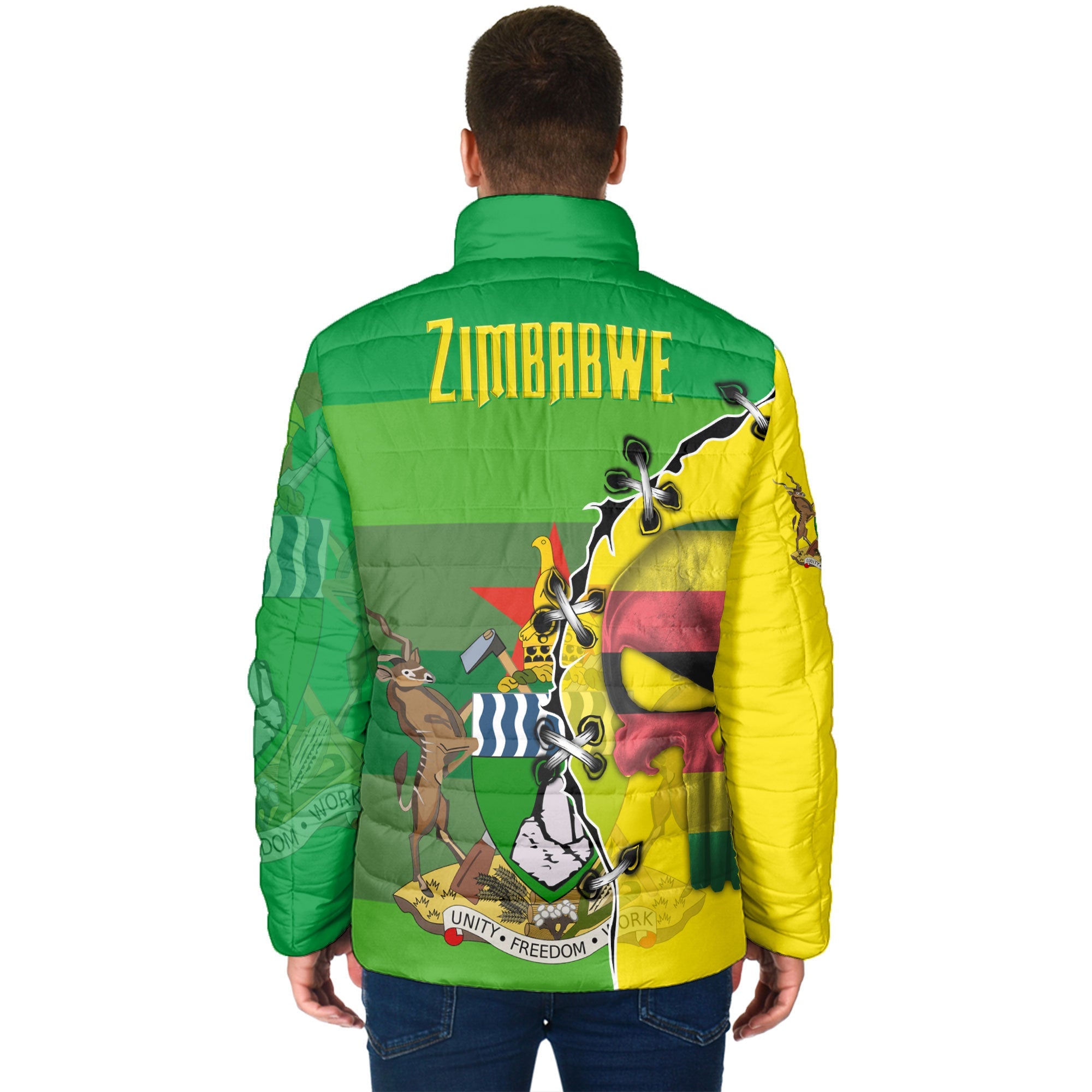 Zimbabwe Men Padded Jacket Flag & Coat Of Arms Skull Style