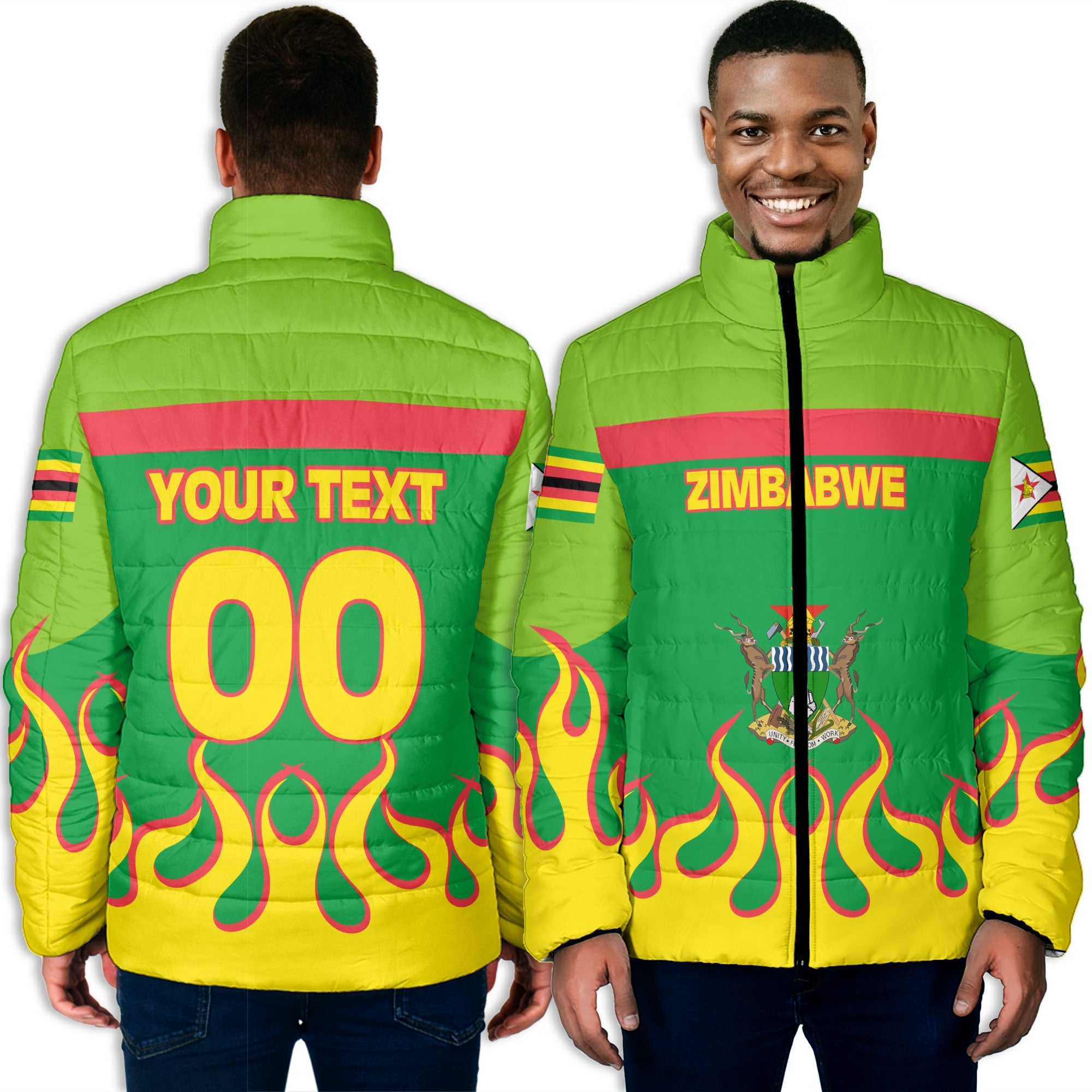 Zimbabwe Men Padded Jacket Flag & Coat Of Arms Fire Hockey Style