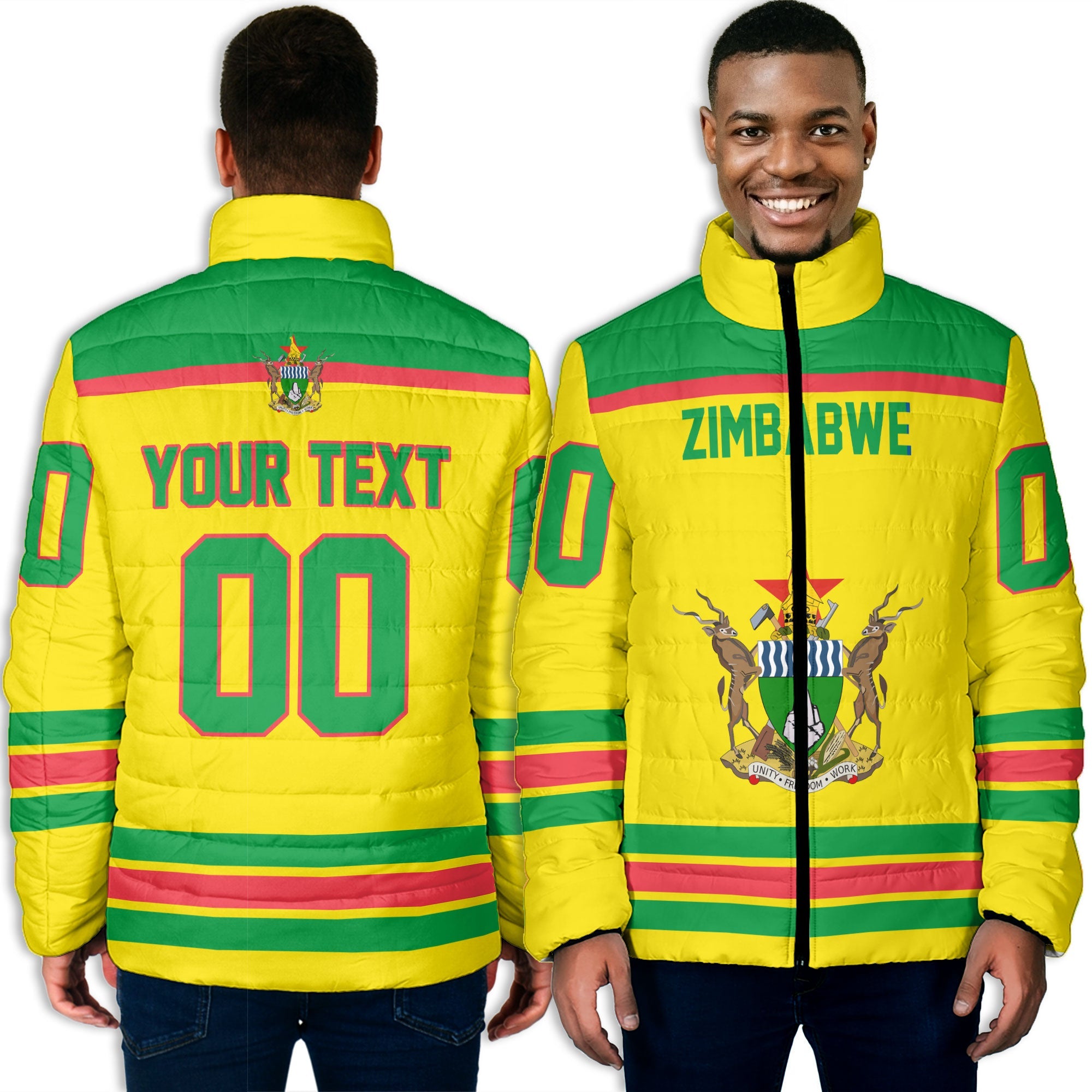 Zimbabwe Men Padded Jacket Flag & Coat Of Arms Hockey Style