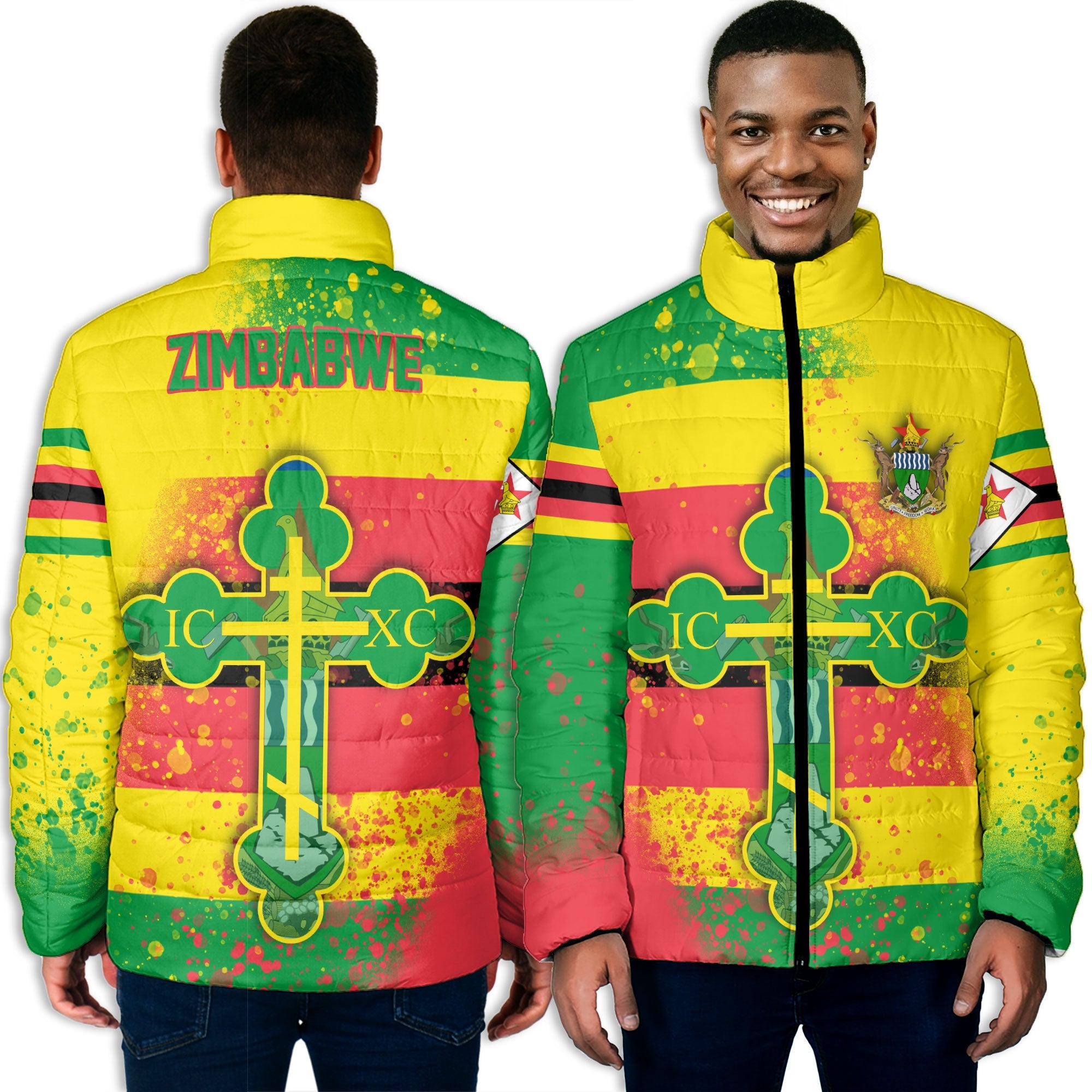 Zimbabwe Men Padded Jacket Flag & Coat Of Arms Orthodox Style