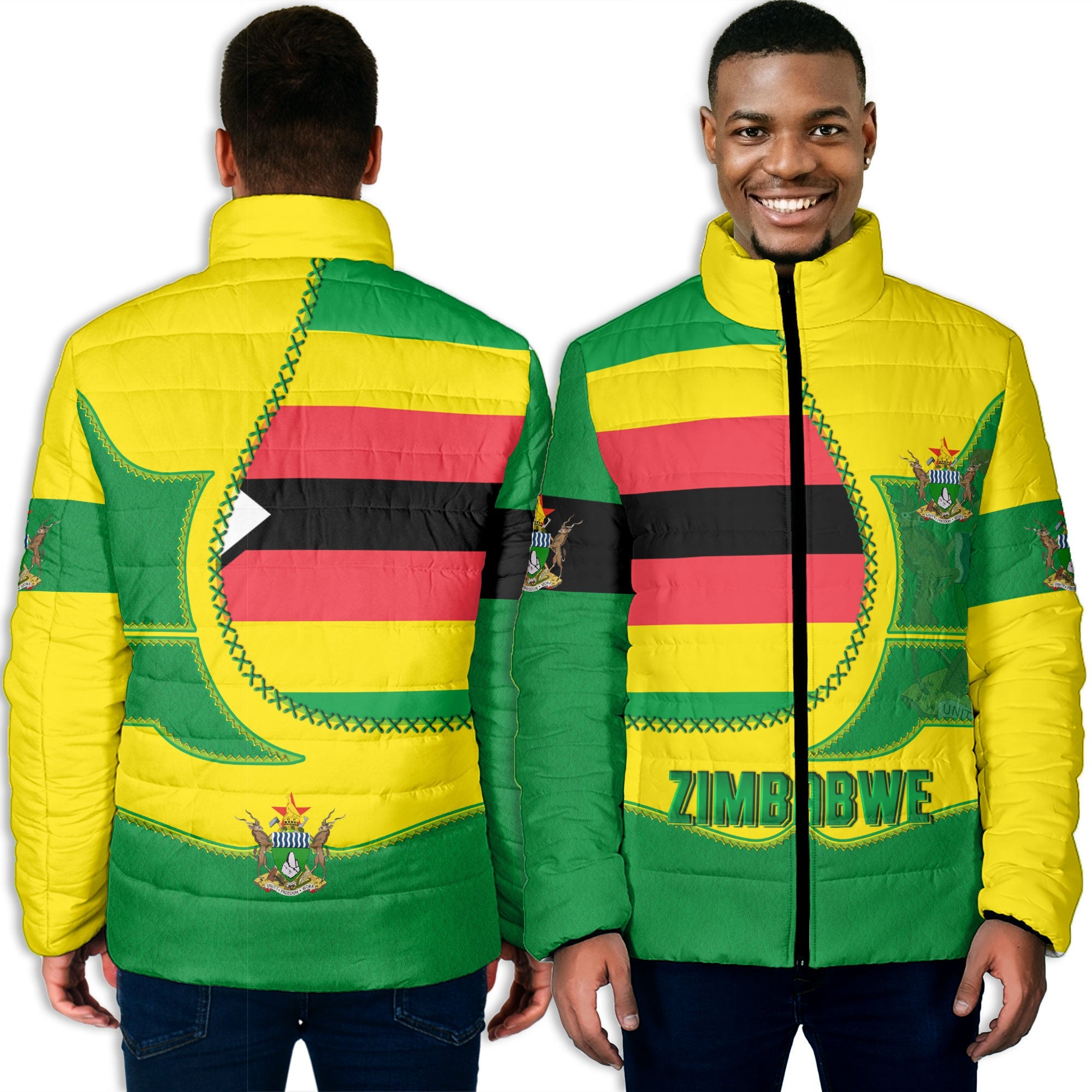 Zimbabwe Men Padded Jacket Flag & Coat Of Arms Leather Style