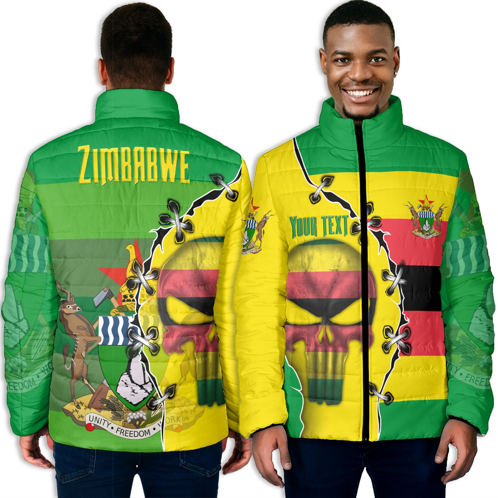 Zimbabwe Men Padded Jacket Flag & Coat Of Arms Skull Style