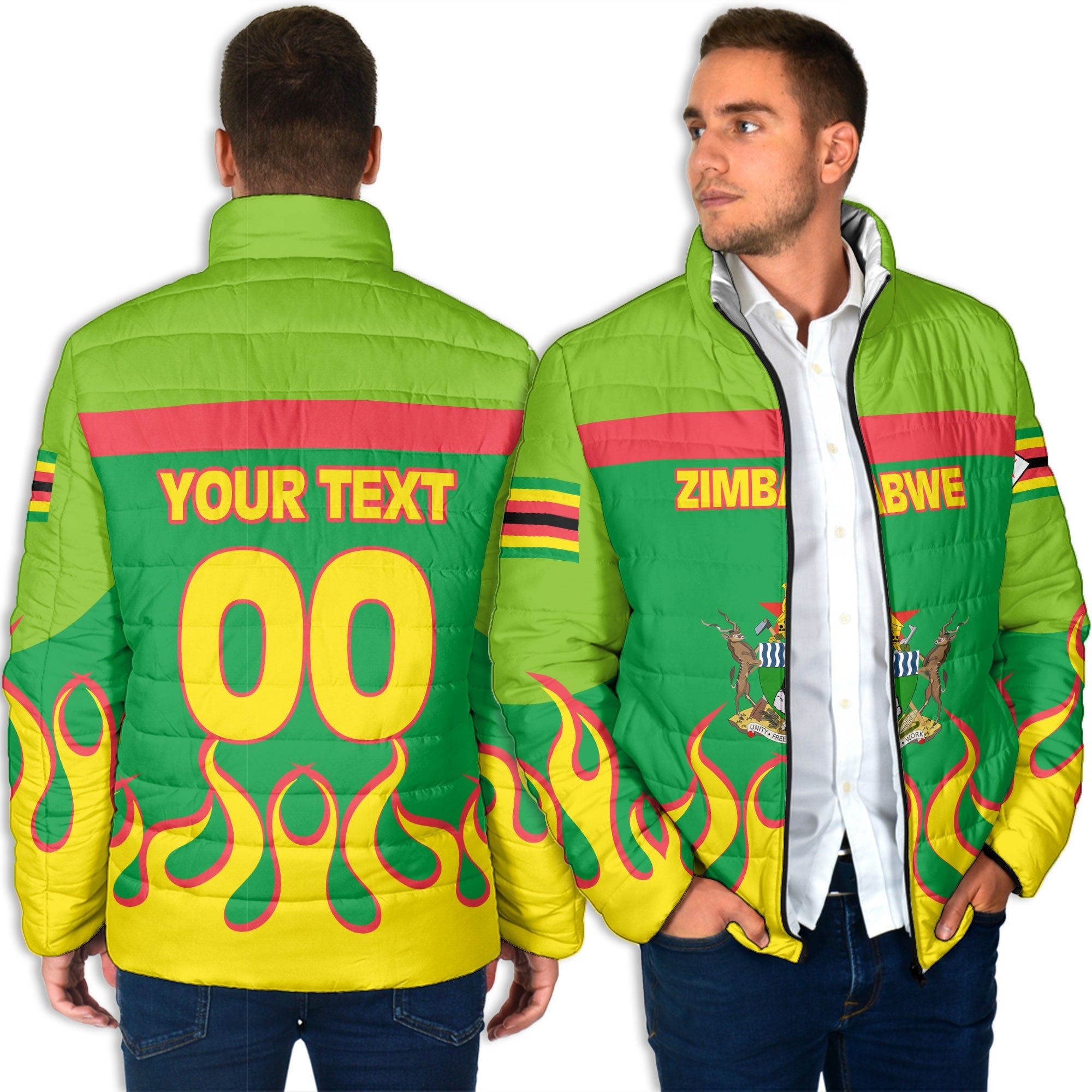 Zimbabwe Men Padded Jacket Flag & Coat Of Arms Fire Hockey Style