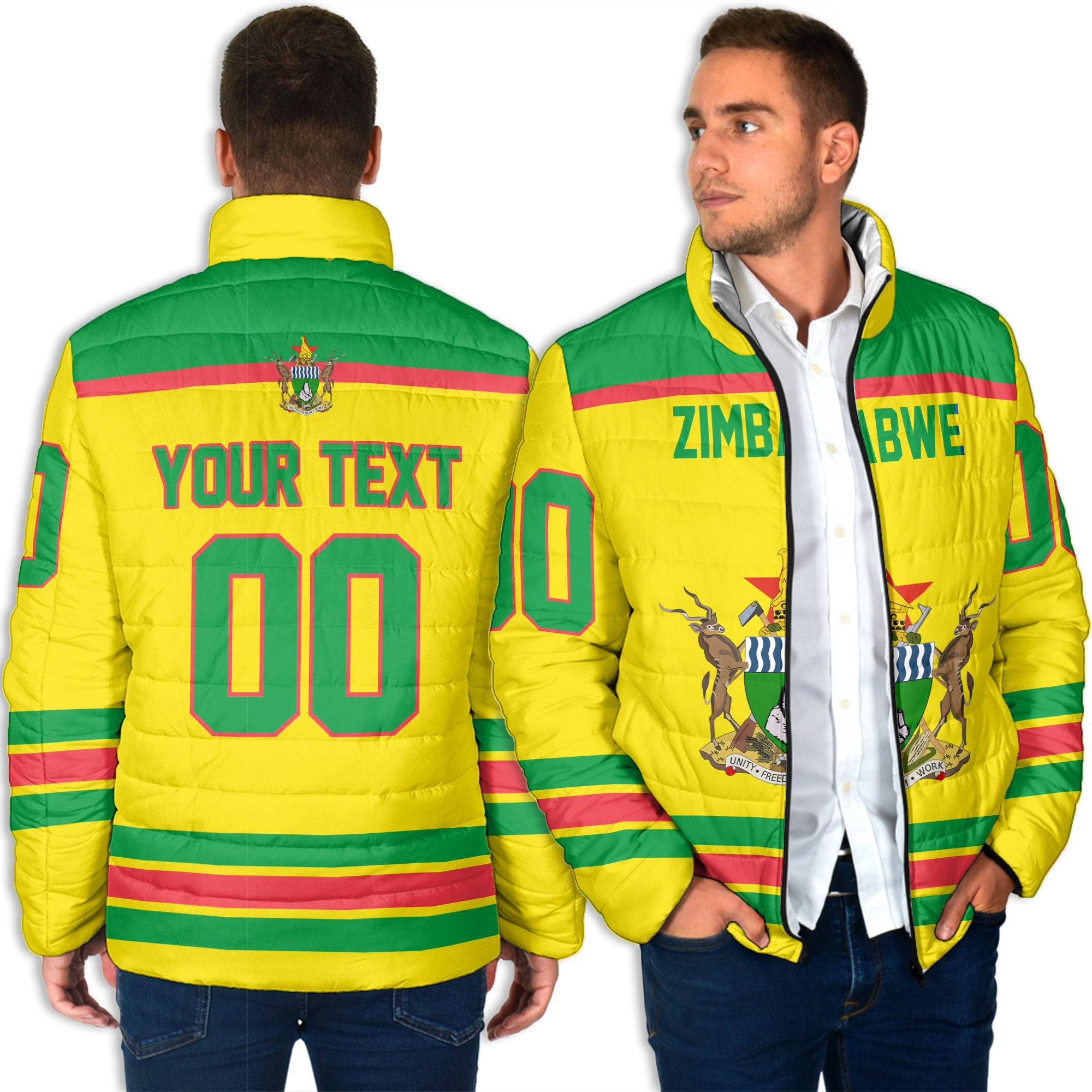 Zimbabwe Men Padded Jacket Flag & Coat Of Arms Hockey Style