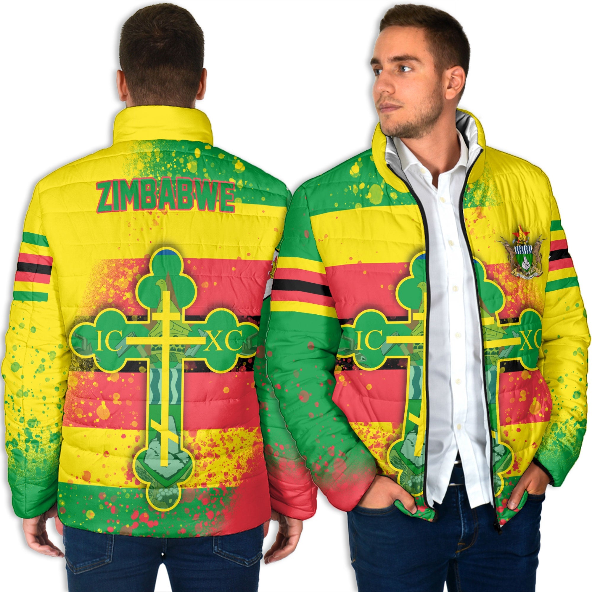 Zimbabwe Men Padded Jacket Flag & Coat Of Arms Orthodox Style