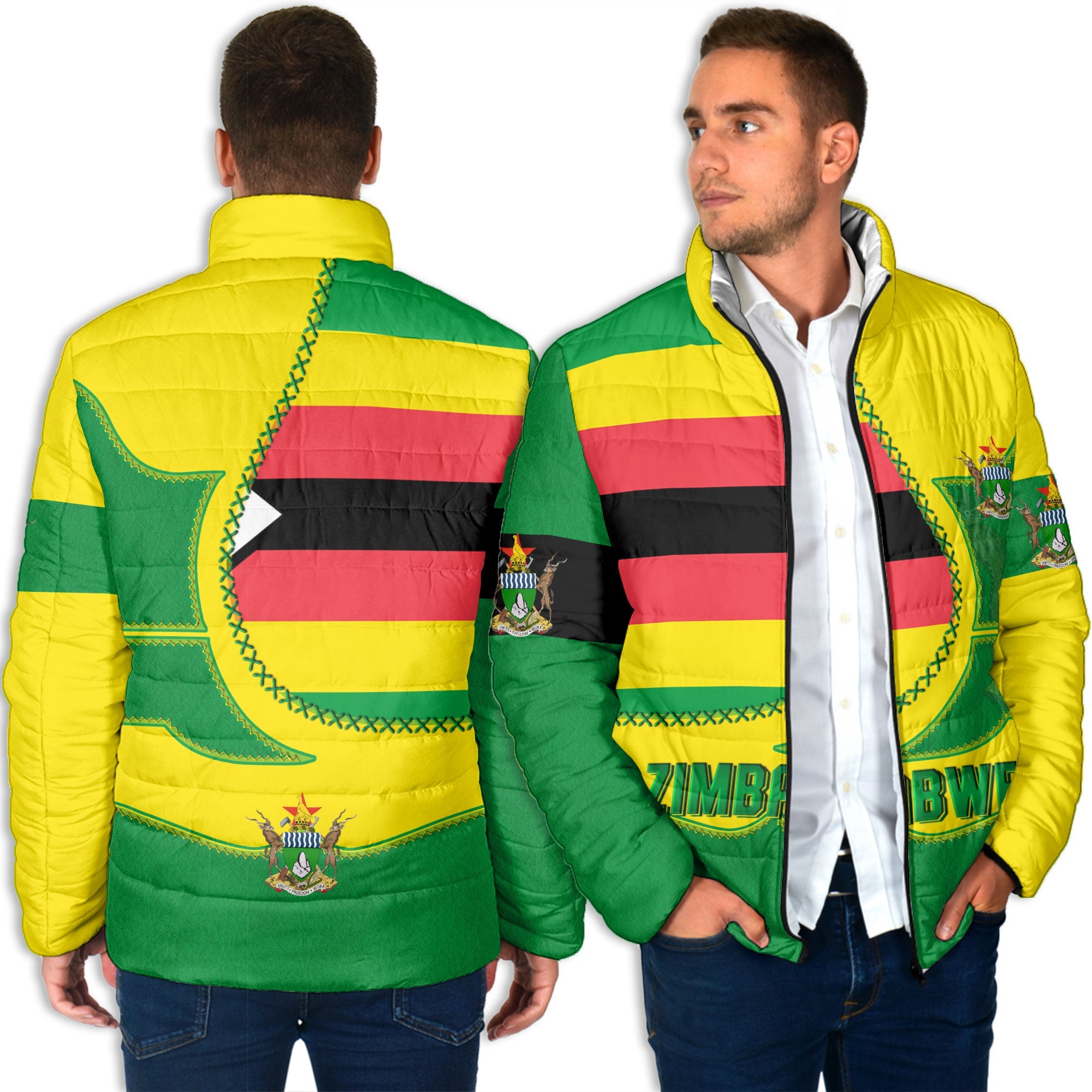 Zimbabwe Men Padded Jacket Flag & Coat Of Arms Leather Style