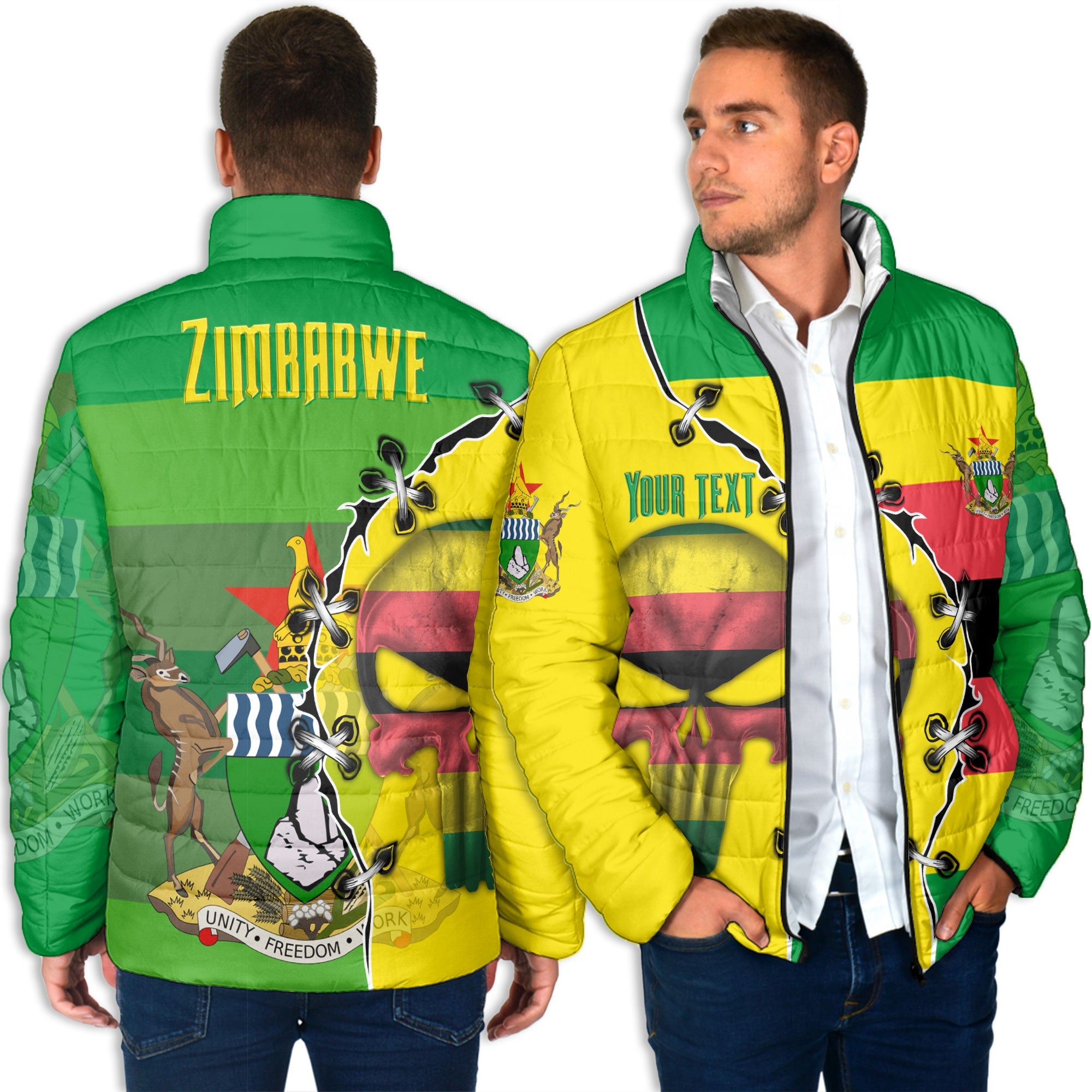 Zimbabwe Men Padded Jacket Flag & Coat Of Arms Skull Style