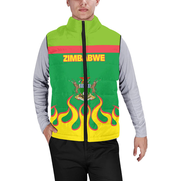 Zimbabwe Men Padded Jacket Vest Flag & Coat Of Arms Fire Hockey Style