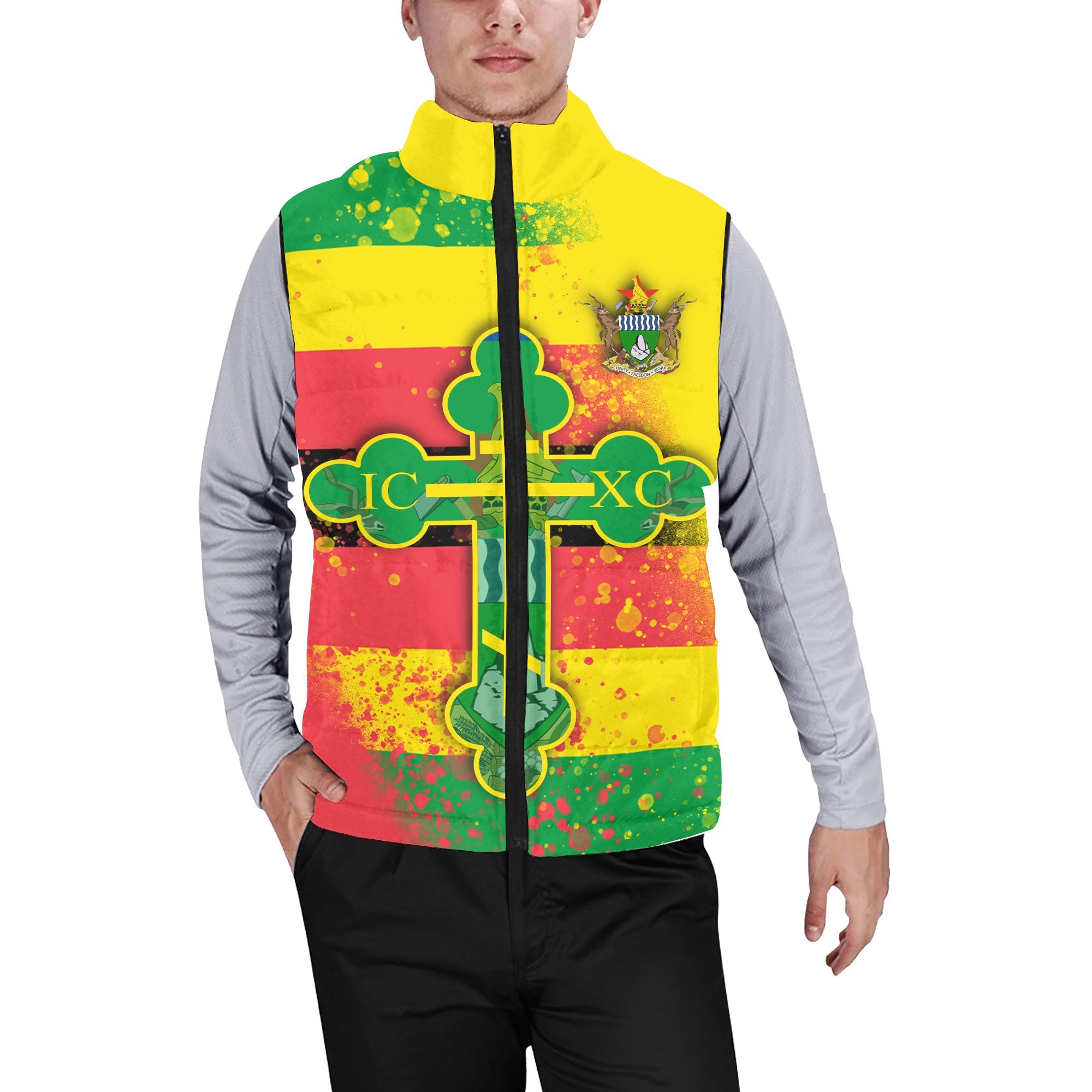 Zimbabwe Men Padded Jacket Vest Flag & Coat Of Arms Orthodox Style