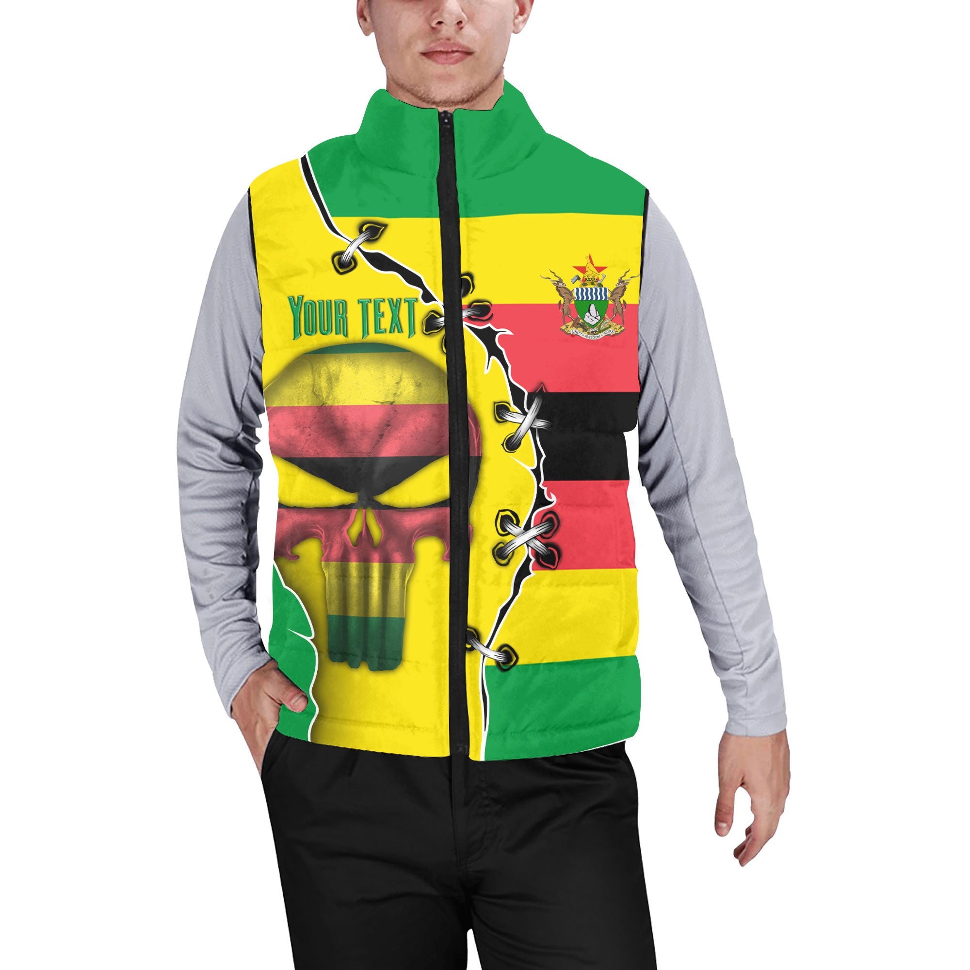 Zimbabwe Men Padded Jacket Vest Flag & Coat Of Arms Skull Style