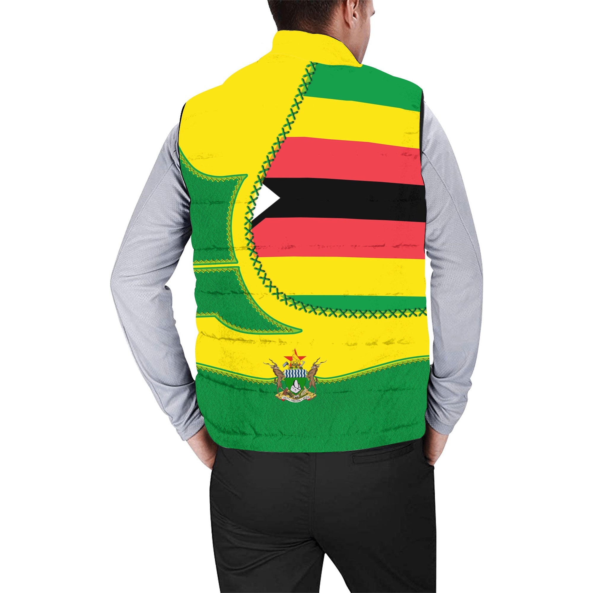 Zimbabwe Men Padded Jacket Vest Flag & Coat Of Arms Leather Style