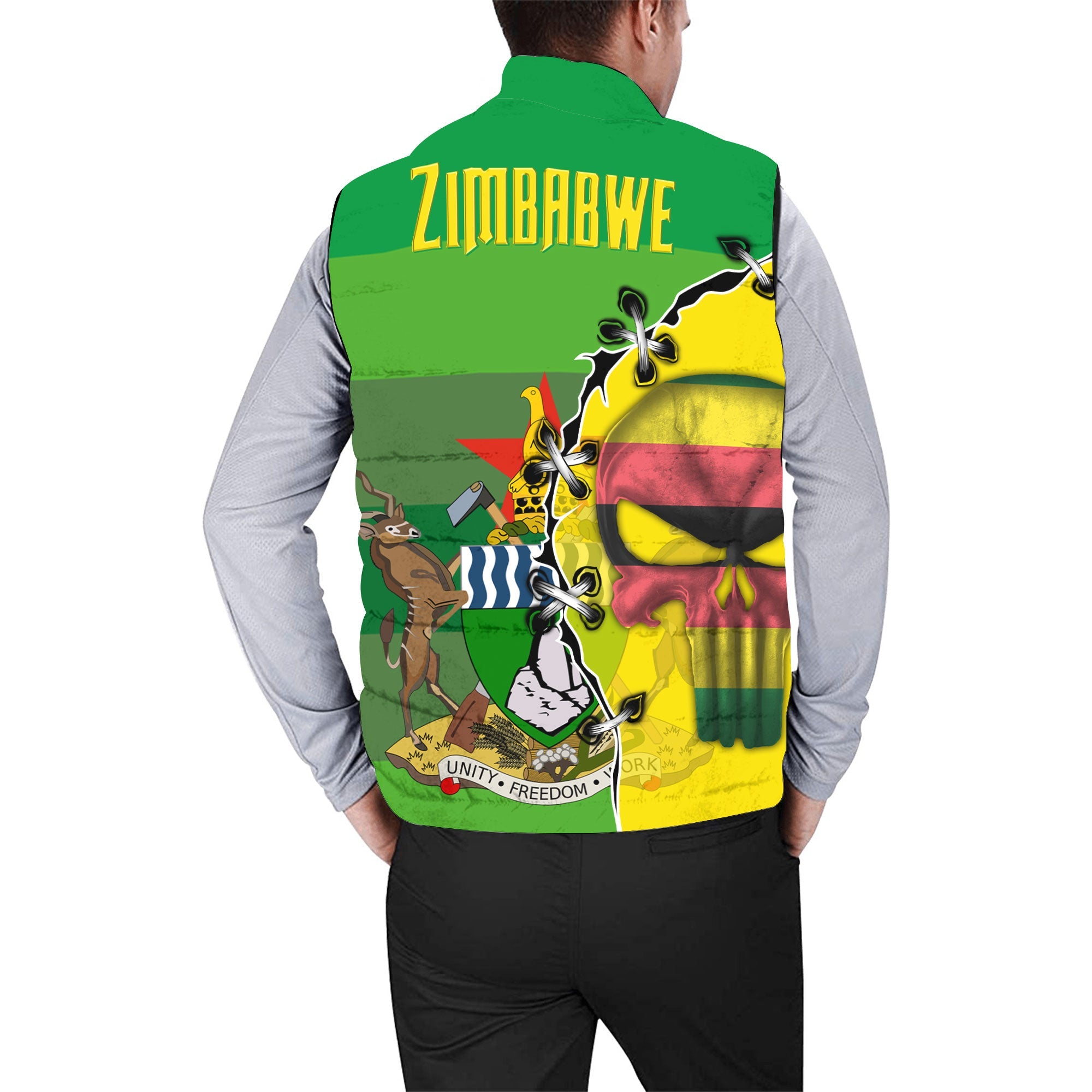 Zimbabwe Men Padded Jacket Vest Flag & Coat Of Arms Skull Style