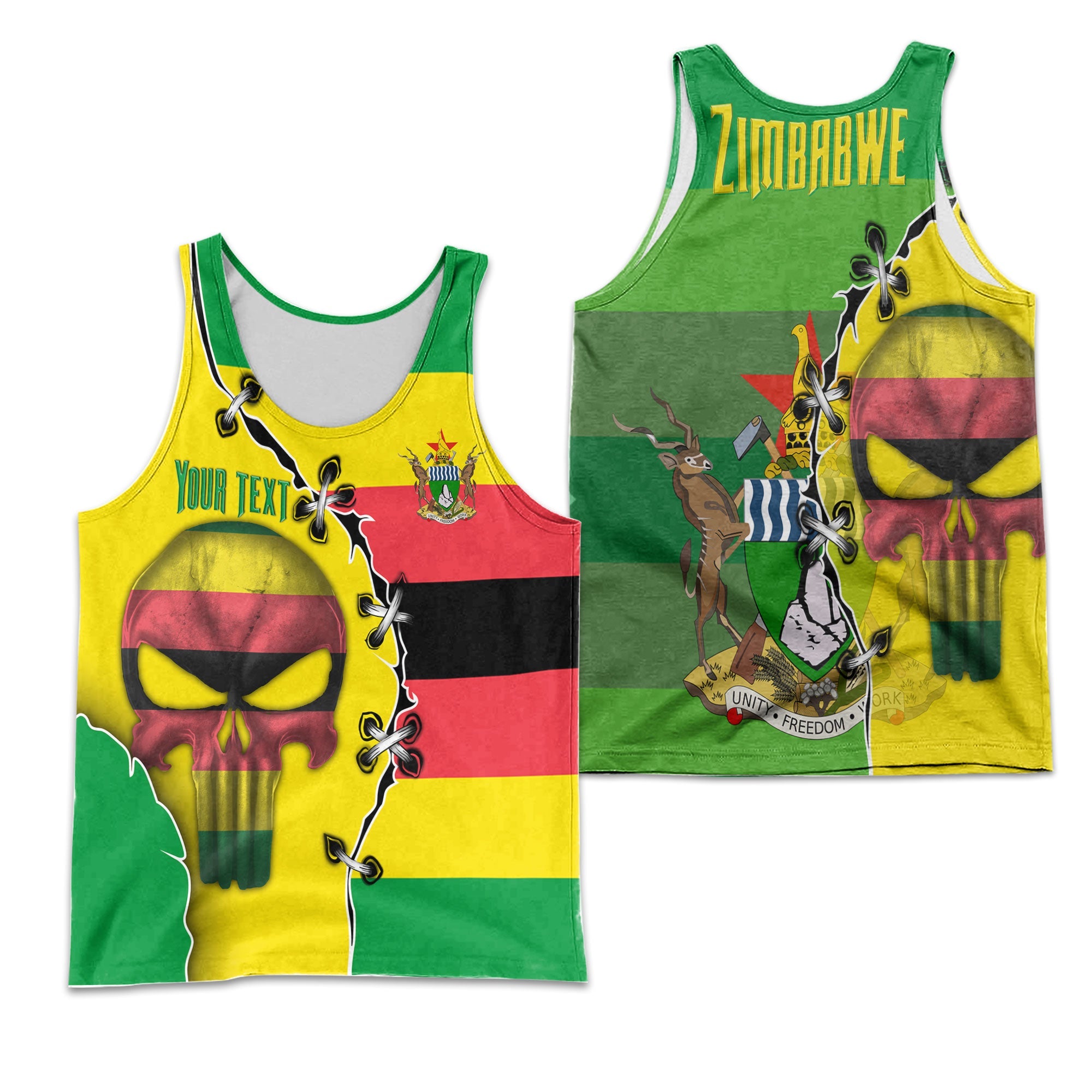 Zimbabwe Men Tank Top Flag & Coat Of Arms Skull Style