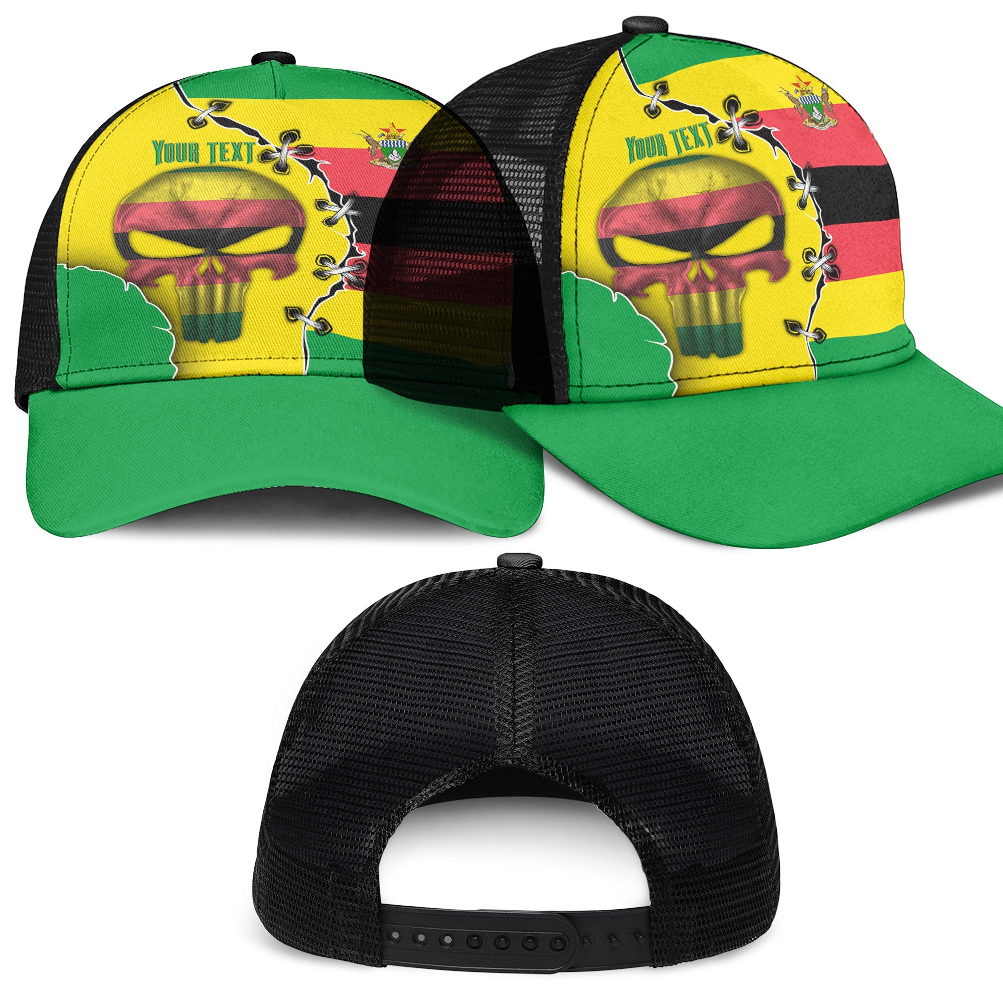 Zimbabwe Mesh Back Cap Flag & Coat Of Arms Skull Style