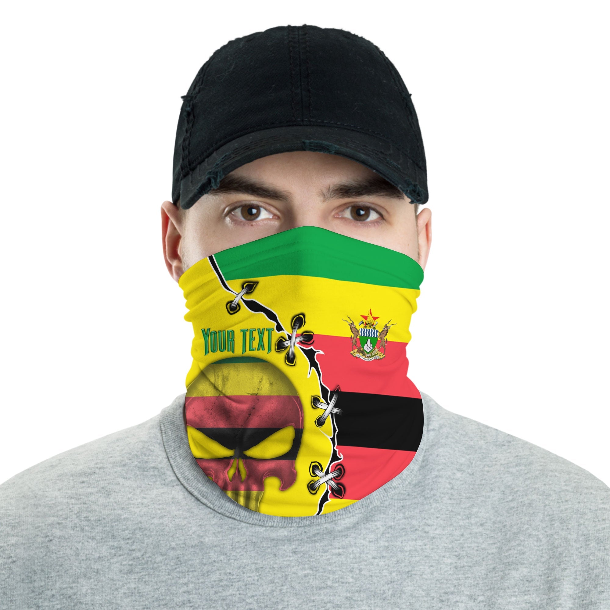 Zimbabwe Neck Gaiter Flag & Coat Of Arms Skull Style