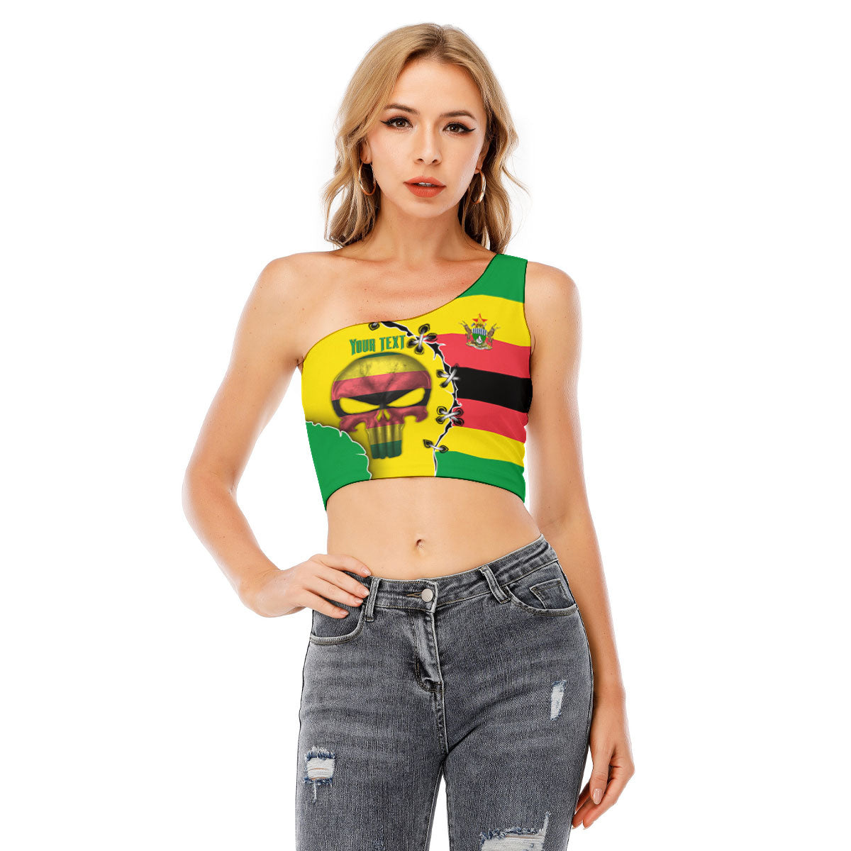 Zimbabwe One Shoulder Shirt Flag & Coat Of Arms Skull Style