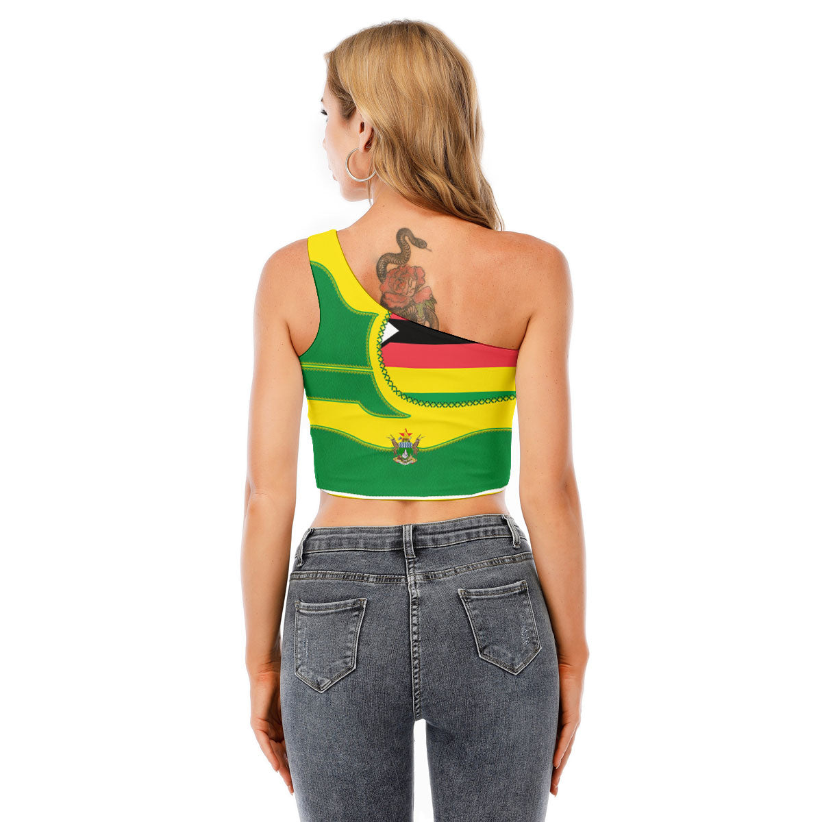 Zimbabwe One Shoulder Shirt Flag & Coat Of Arms Leather Style