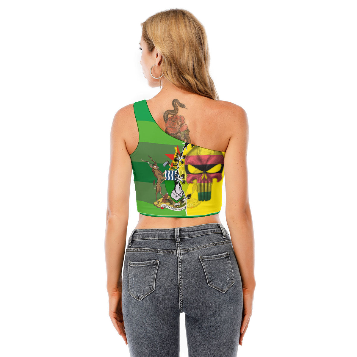 Zimbabwe One Shoulder Shirt Flag & Coat Of Arms Skull Style