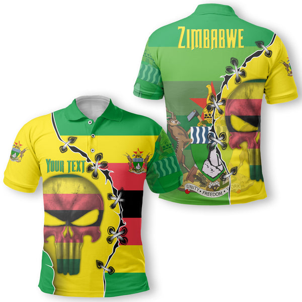 Zimbabwe Polo Shirt Flag & Coat Of Arms Skull Style