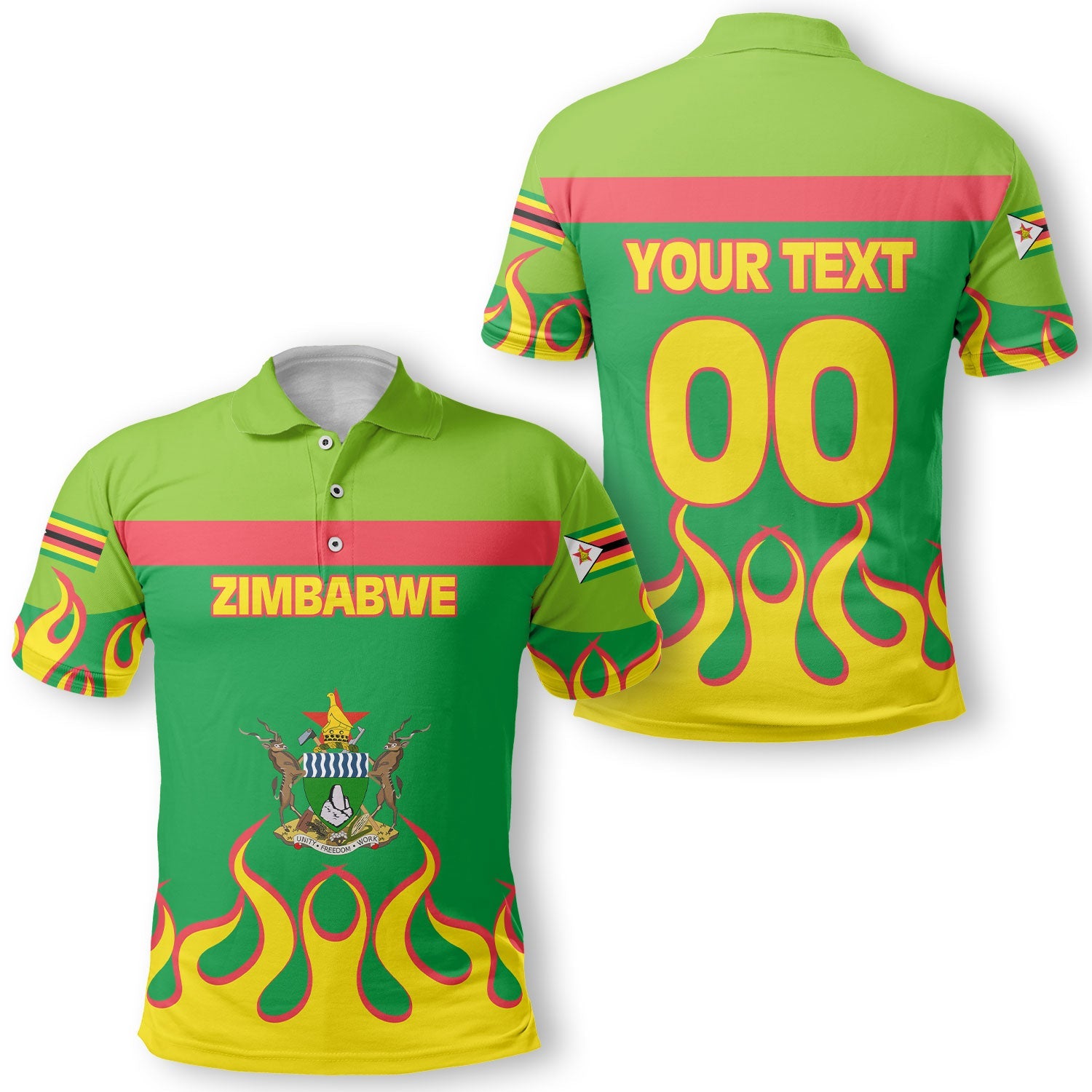 Zimbabwe Polo Shirt Flag & Coat Of Arms Fire Hockey Style