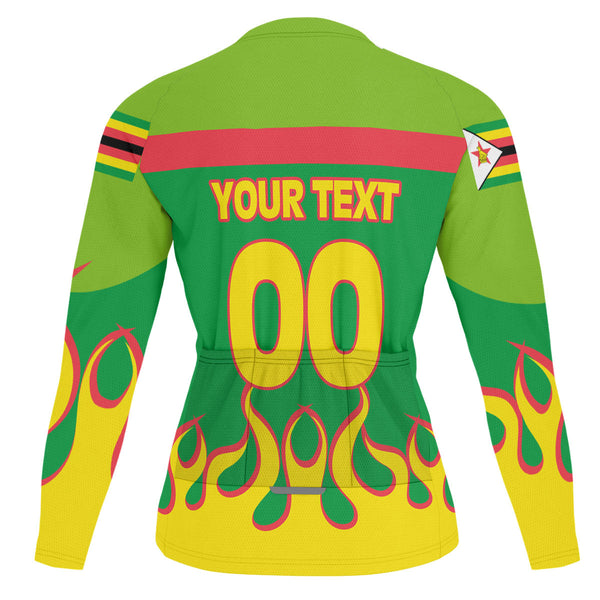 Zimbabwe Men's Cycling Jersey Long Sleeve Flag & Coat Of Arms Fire Hockey Style