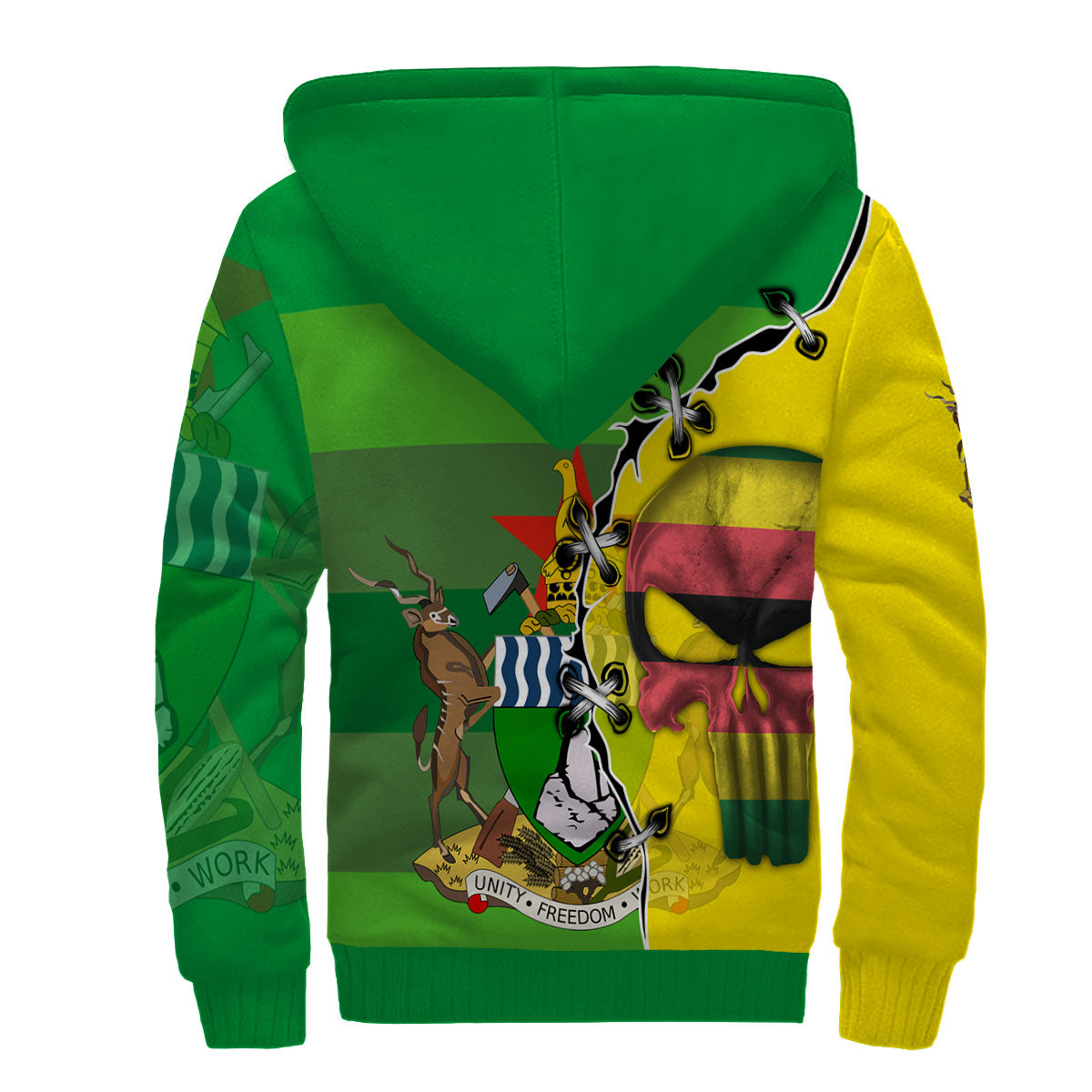 Zimbabwe Sherpa Hoodie Flag & Coat Of Arms Skull Style