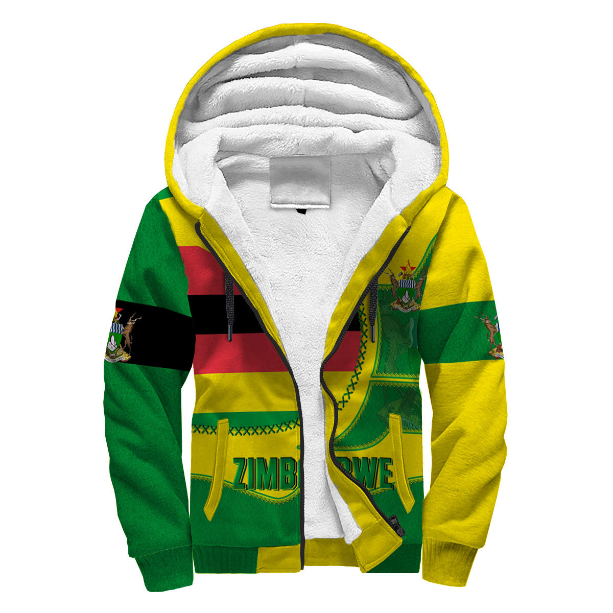 Zimbabwe Sherpa Hoodie Flag & Coat Of Arms Leather Style