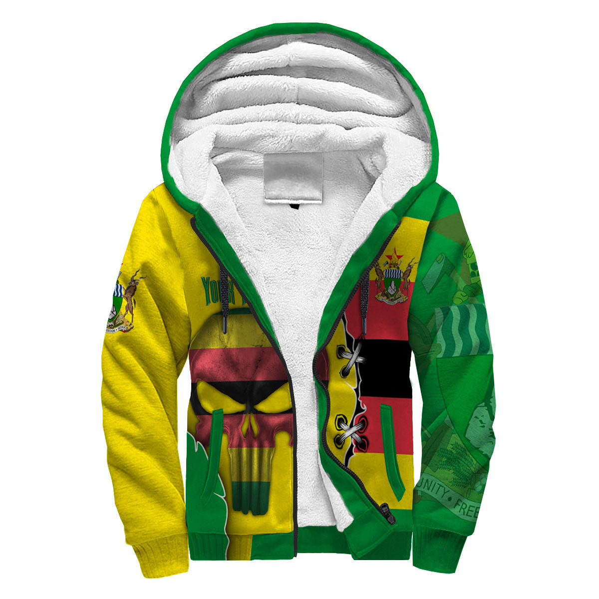 Zimbabwe Sherpa Hoodie Flag & Coat Of Arms Skull Style