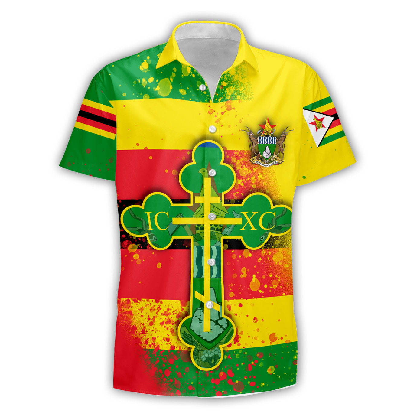 Zimbabwe Short Sleeve Shirt Flag & Coat Of Arms Orthodox Style