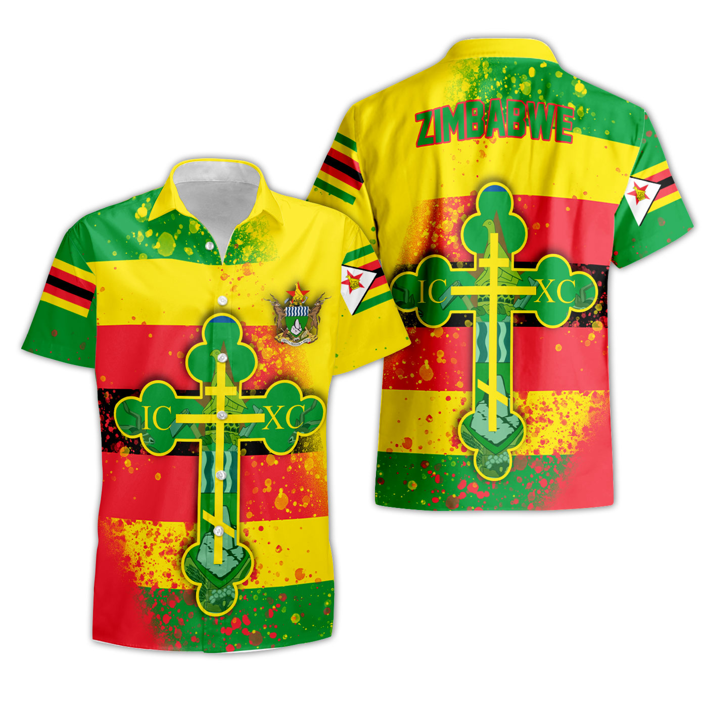 Zimbabwe Short Sleeve Shirt Flag & Coat Of Arms Orthodox Style