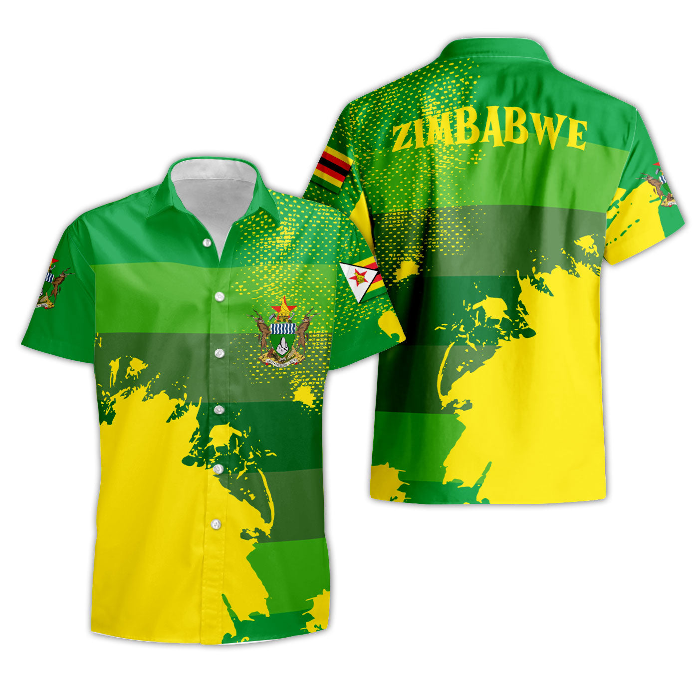 Zimbabwe Short Sleeve Shirt Flag & Coat Of Arms Paint Style