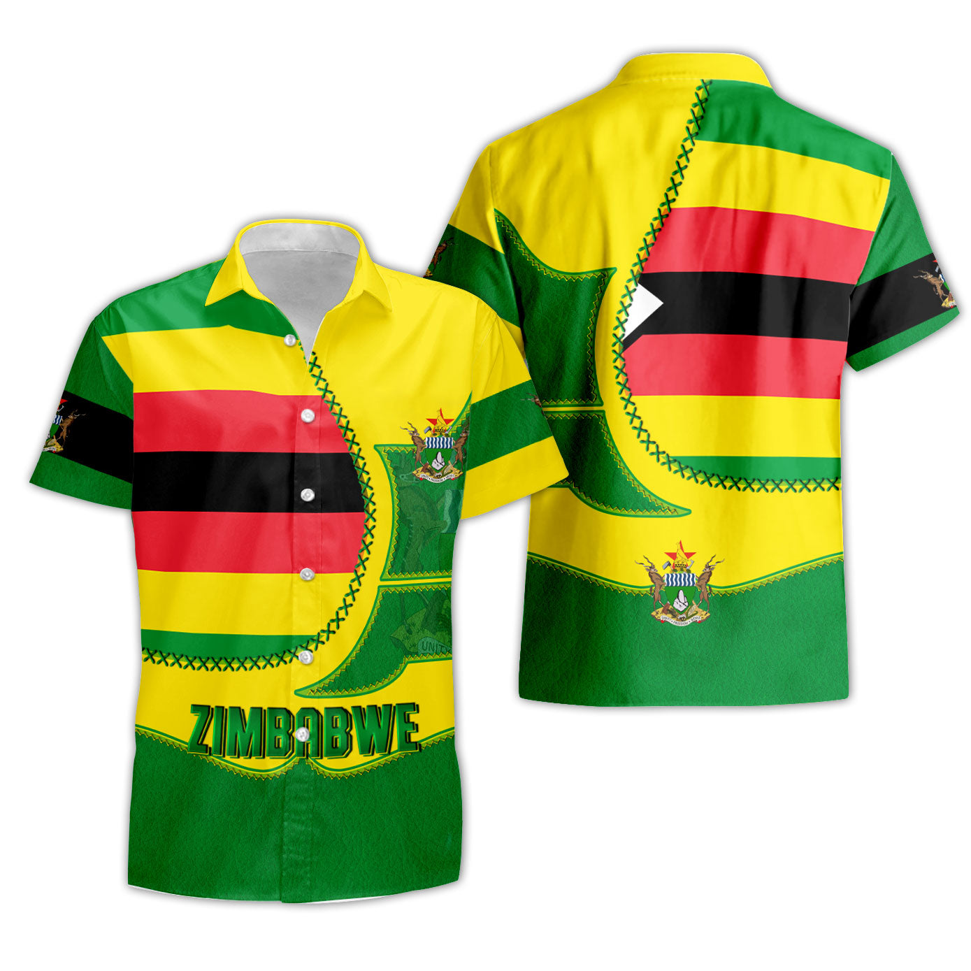 Zimbabwe Short Sleeve Shirt Flag & Coat Of Arms Leather Style