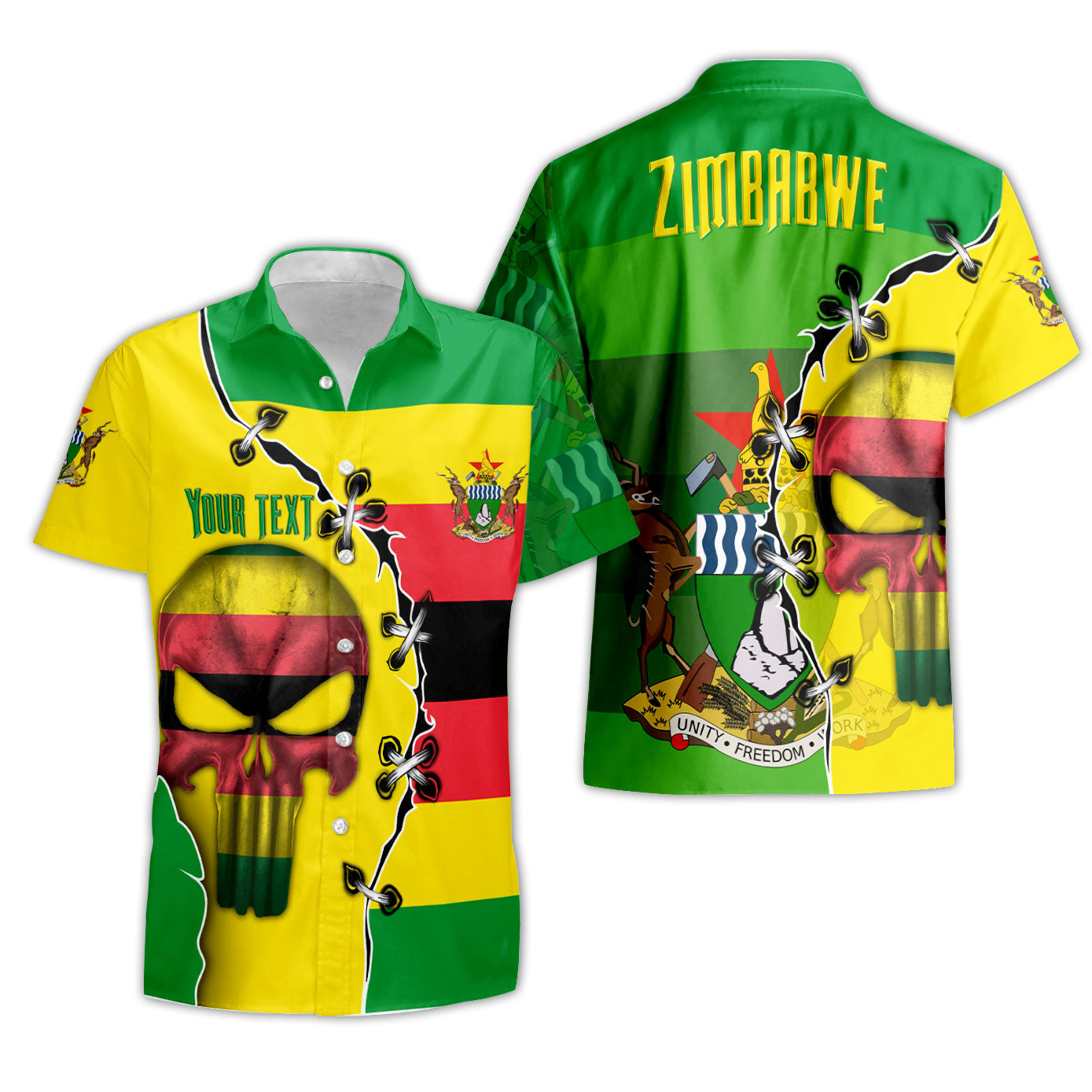 Zimbabwe Short Sleeve Shirt Flag & Coat Of Arms Skull Style