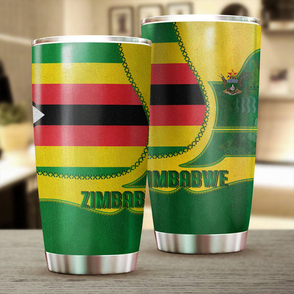 Zimbabwe Stainless Steel Glitter Tumbler Flag & Coat Of Arms Leather Style