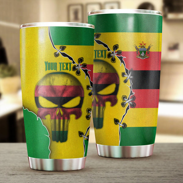 Zimbabwe Stainless Steel Glitter Tumbler Flag & Coat Of Arms Skull Style