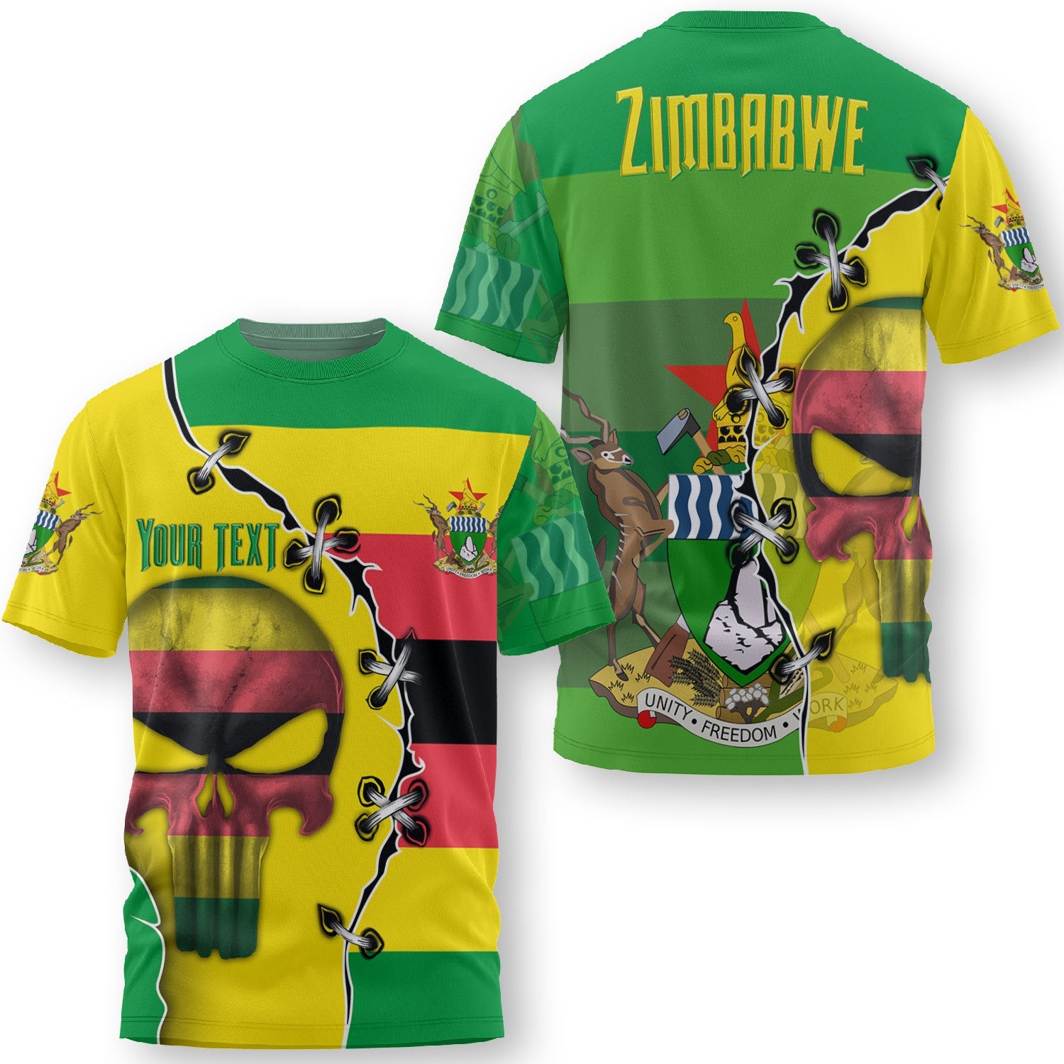 Zimbabwe T Shirt Flag & Coat Of Arms Skull Style