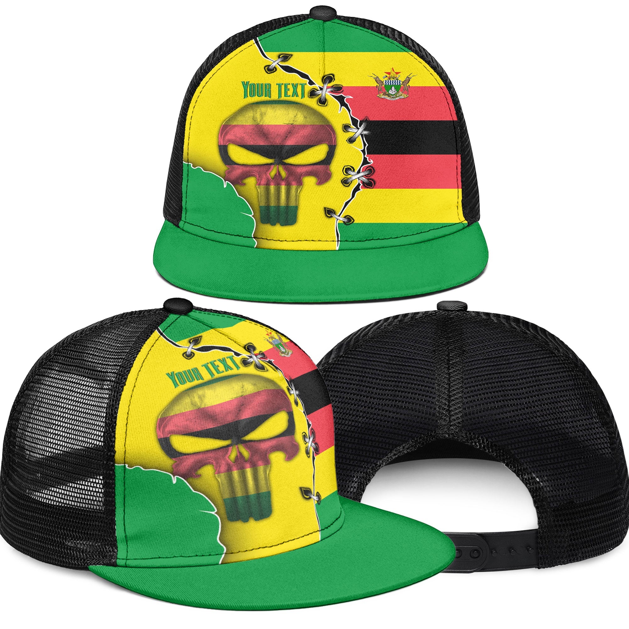 Zimbabwe Trucker Hat Flag & Coat Of Arms Skull Style